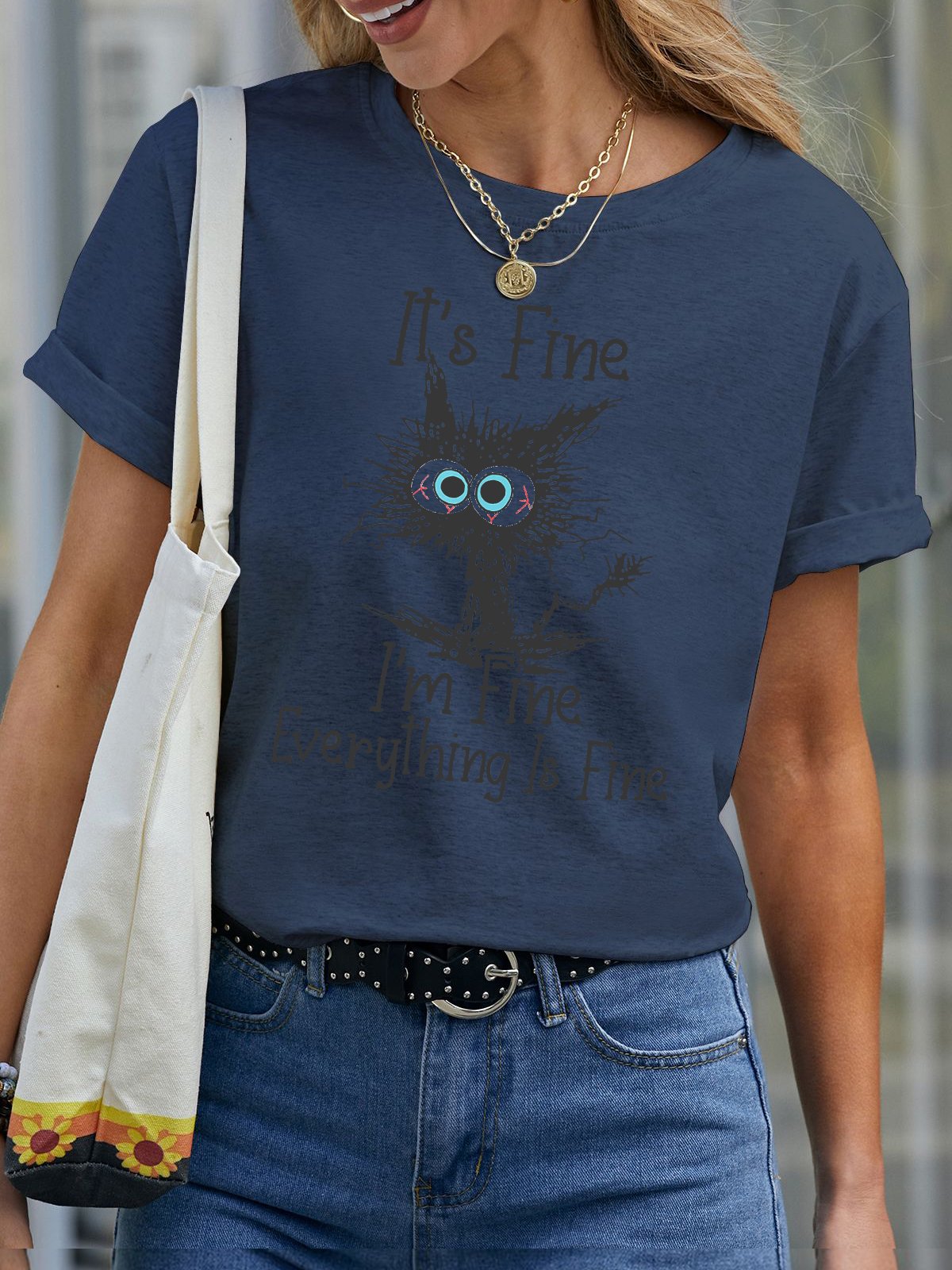 I Am Fine Everything Is Fine Slogan T-Shirt Cat Cotton Short Sleeve Crew Neck Shirt Top