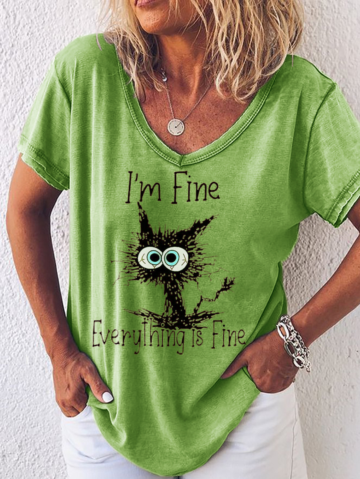 Am Fine Everything Is Fine Cat Print Shirts&Tops