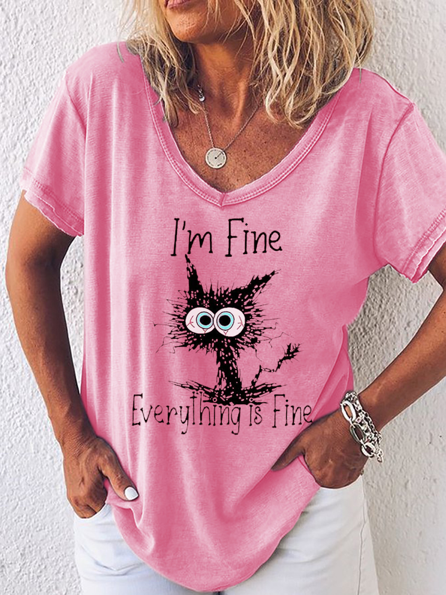 Am Fine Everything Is Fine Cat Print Shirts&Tops