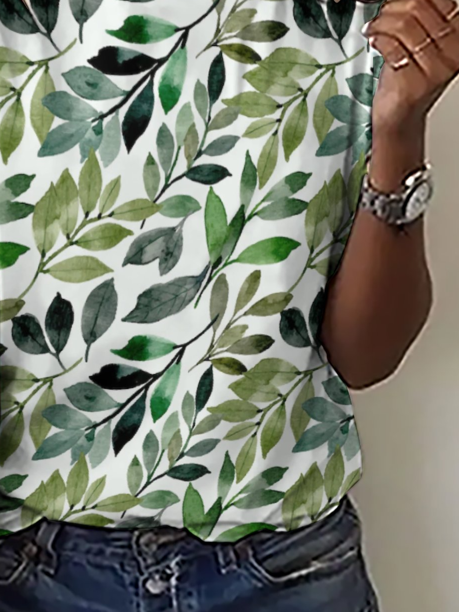 Casual Simple Leaf Print Crew Neck T-Shirt
