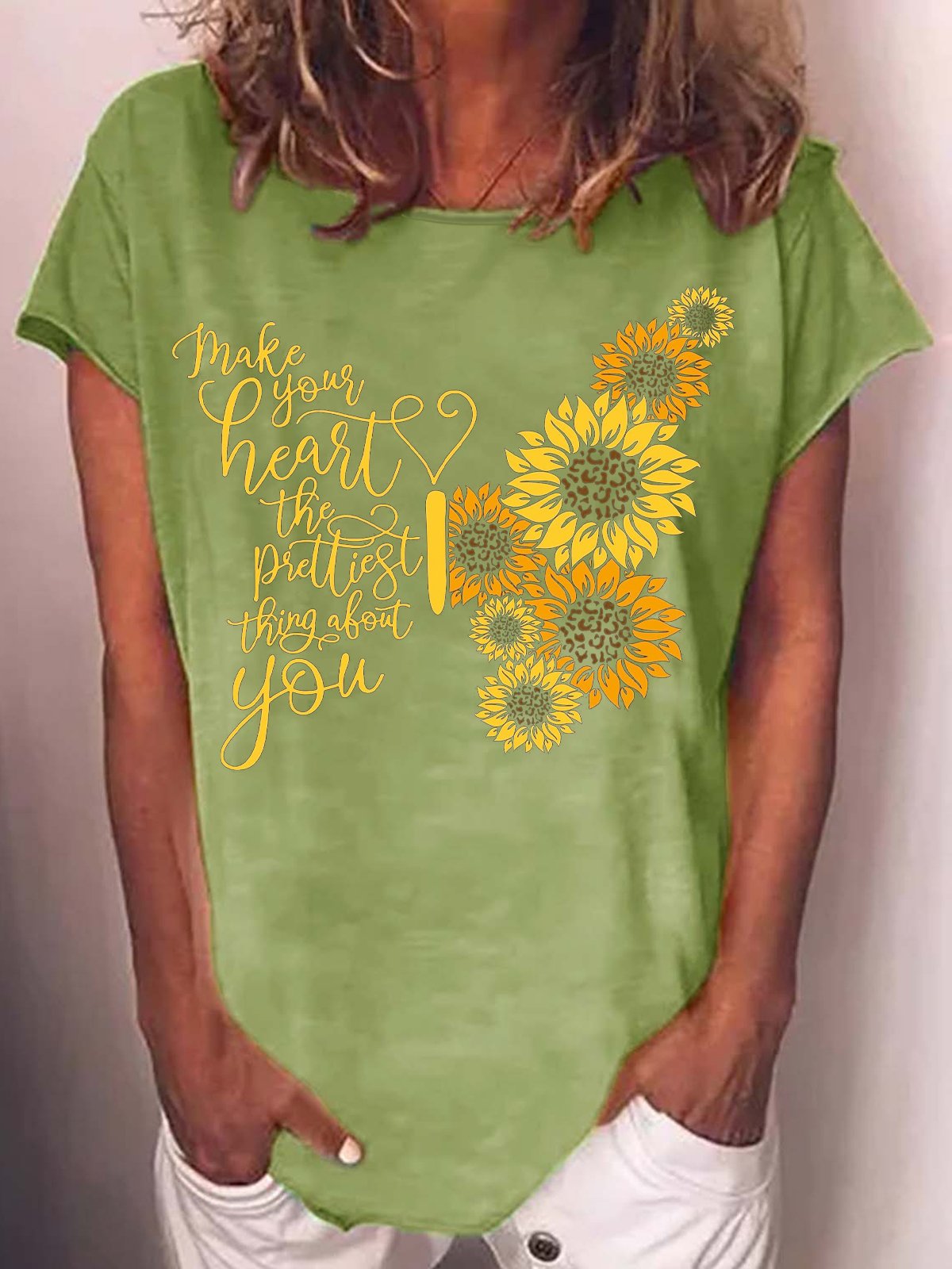 Womens Make You Heart The Prettiest Thing About You Butterfly Flower Print Casual T-Shirt
