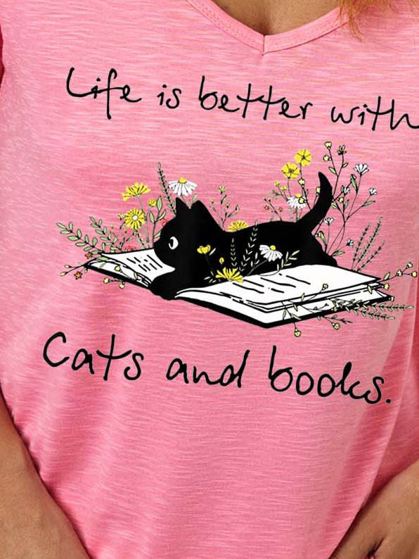 Women Books And Cats Life Better Cat Casual T-shirt