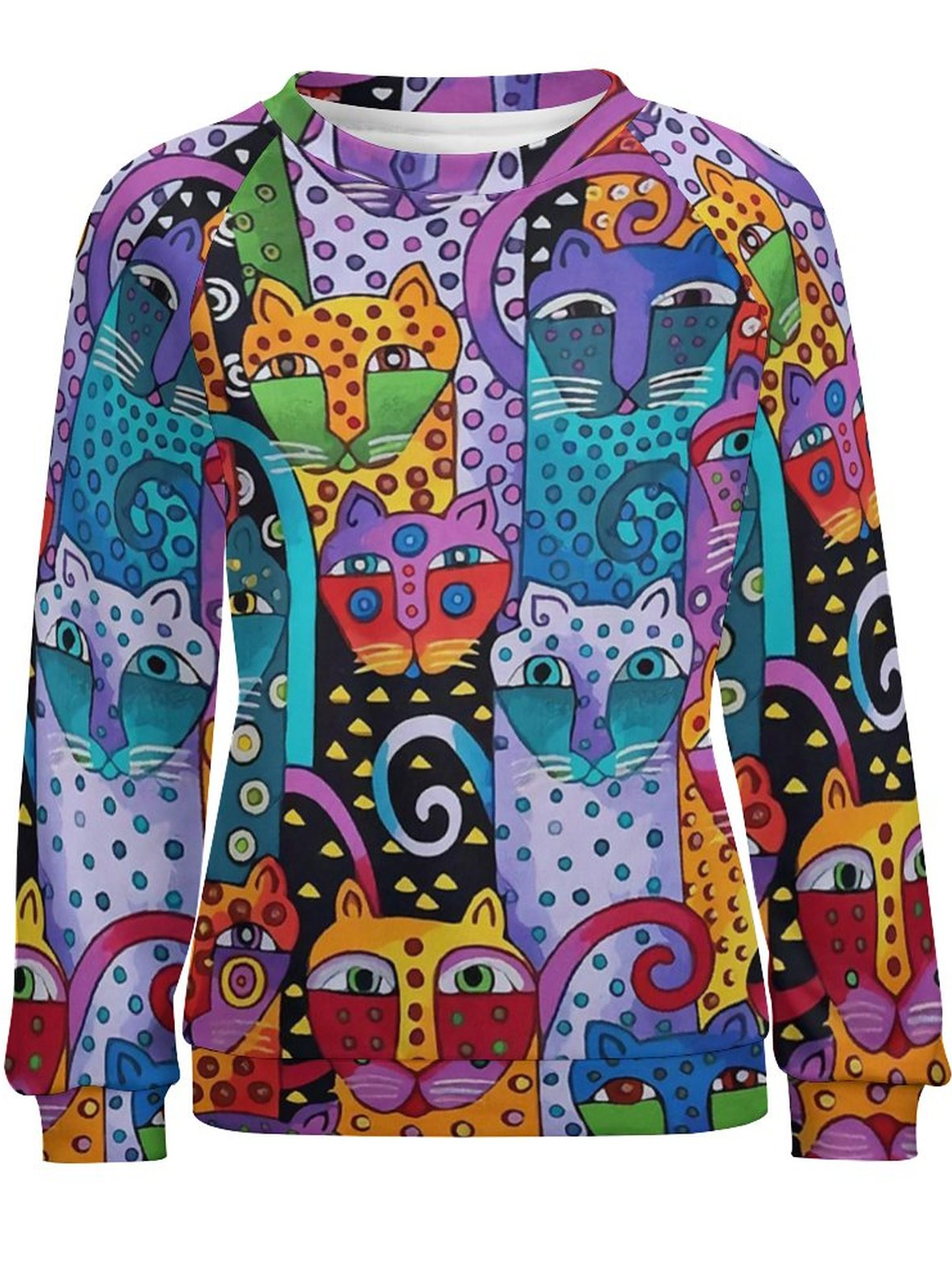 Women Funny Abstract Art Cat Casual Cotton Raglan Sleeve Sweatshirt