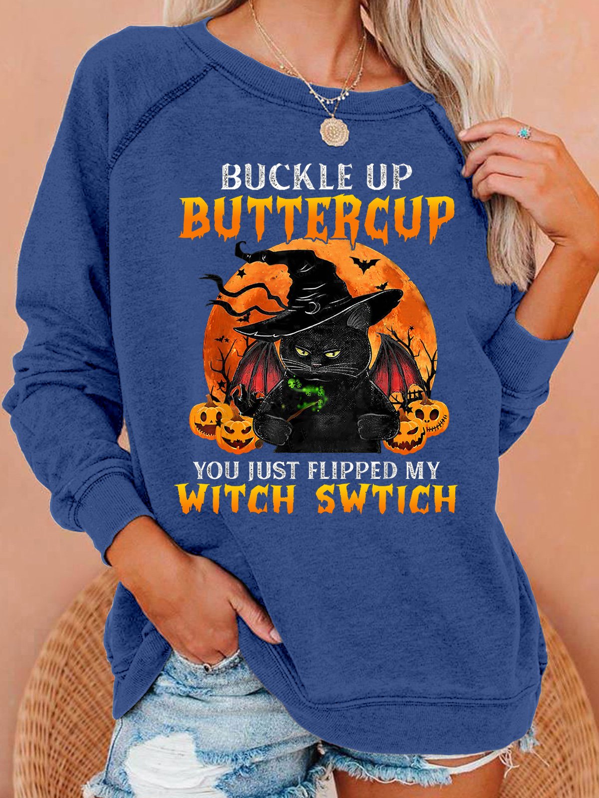 Womens Halloween Black Cat Letters Sweatshirt