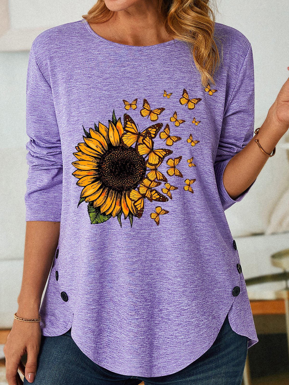 Women's Sunflower Butterfly Crew Neck Casual Long Sleeve Top