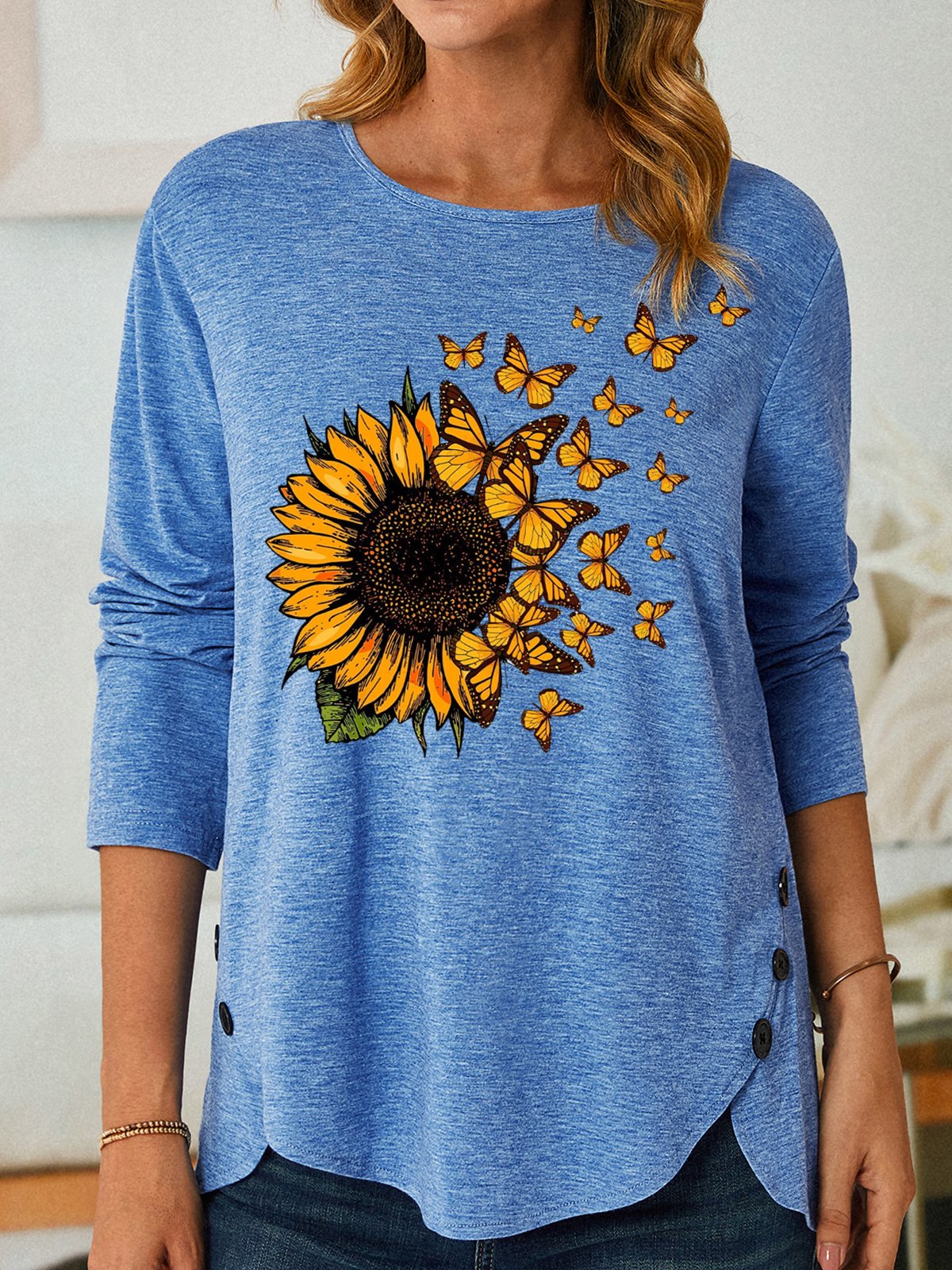Women's Sunflower Butterfly Crew Neck Casual Long Sleeve Top