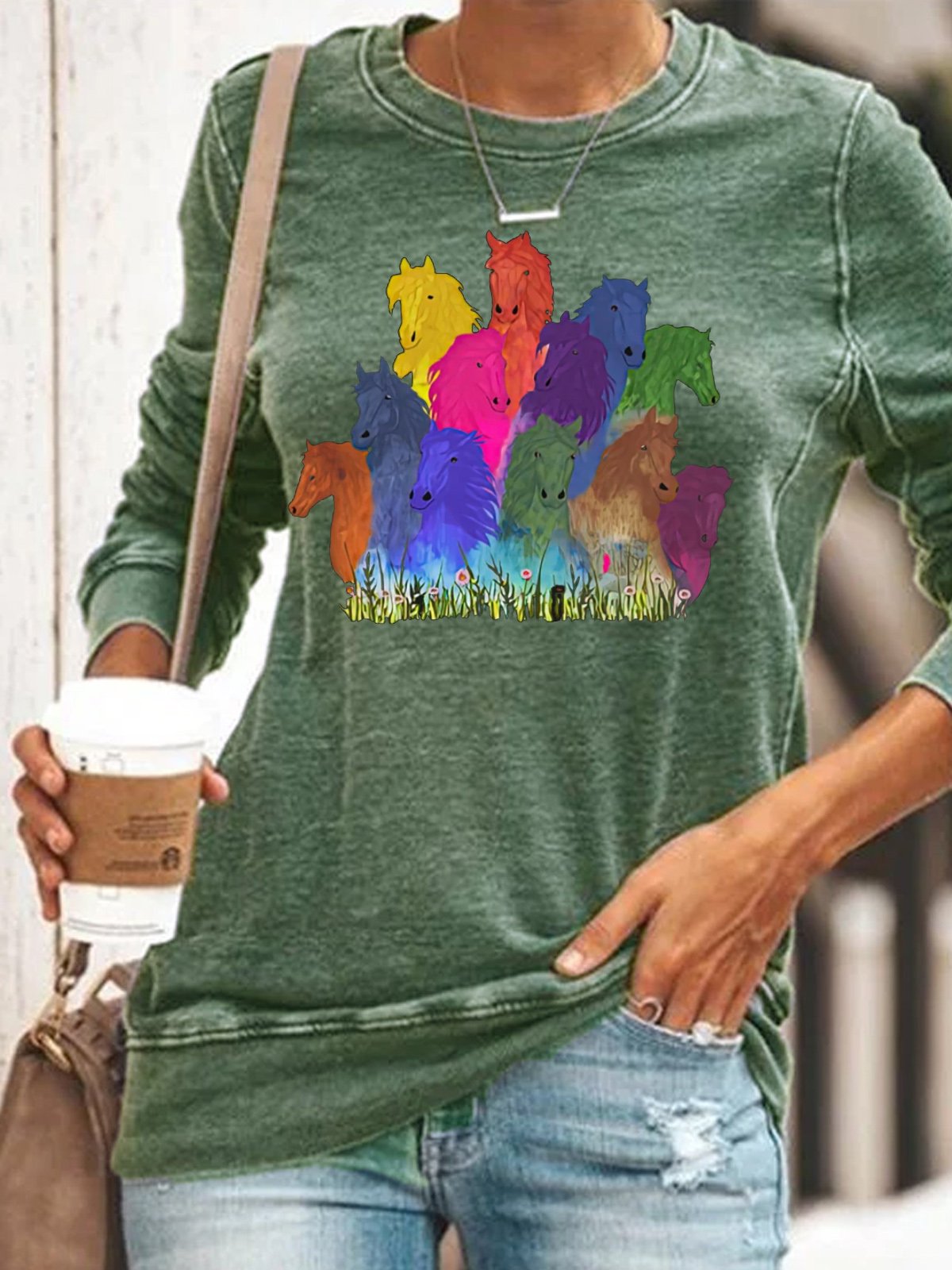 Womens Horse Lovers Watercolor Horses Casual Sweatshirt