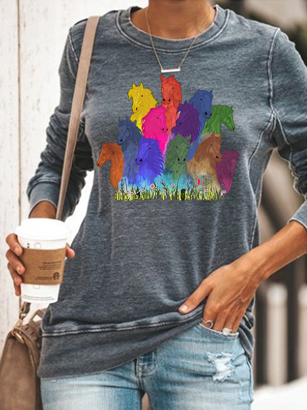 Womens Horse Lovers Watercolor Horses Casual Sweatshirt