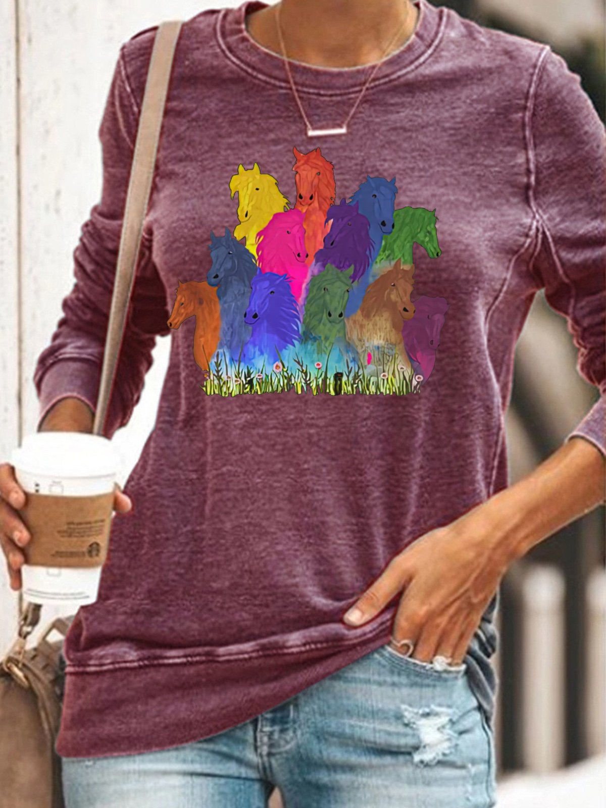 Womens Horse Lovers Watercolor Horses Casual Sweatshirt
