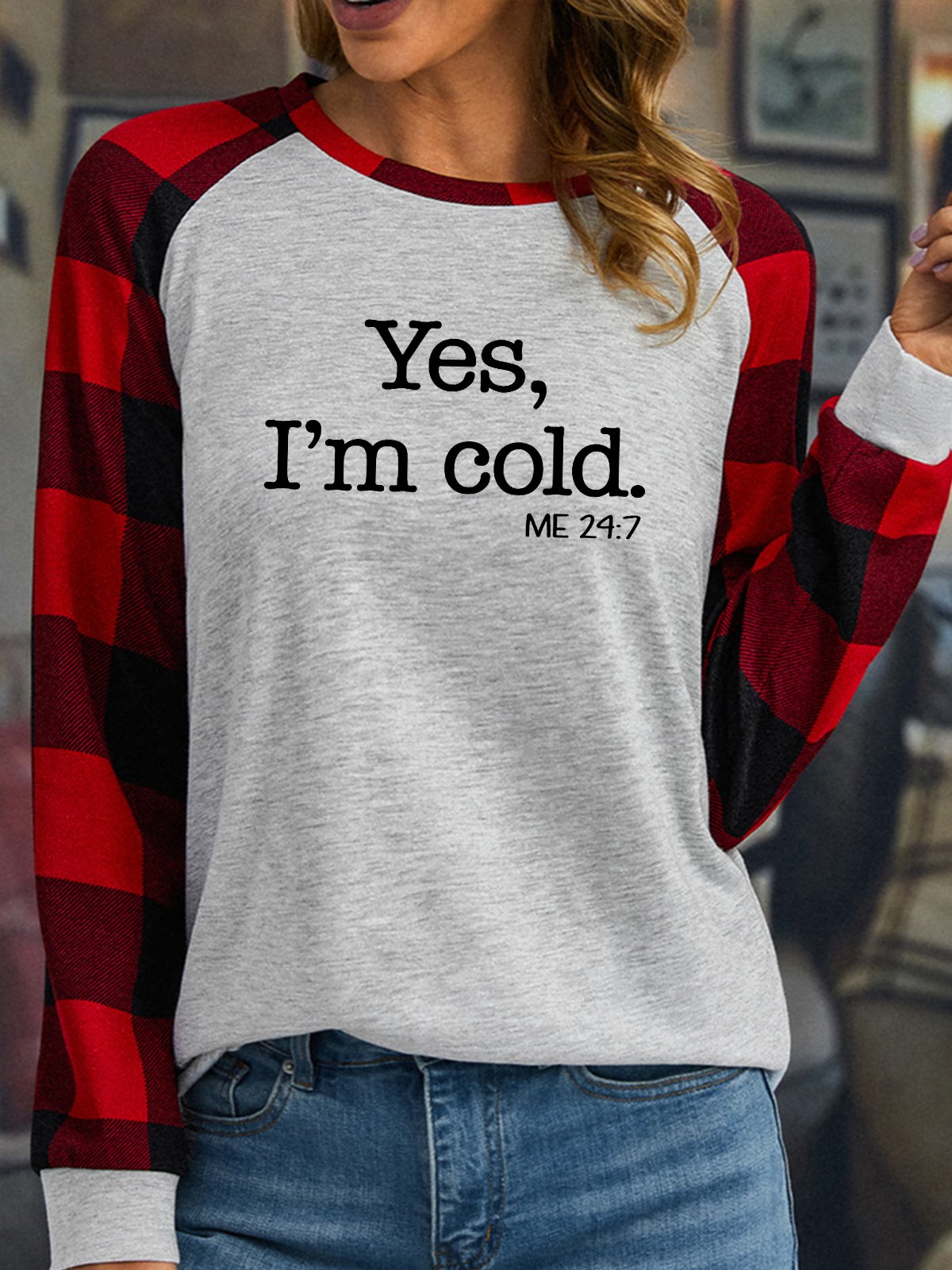 Women's Yes I'm Cold Me 24:7 Funny Text Letters Crew Neck Loose T-shirt