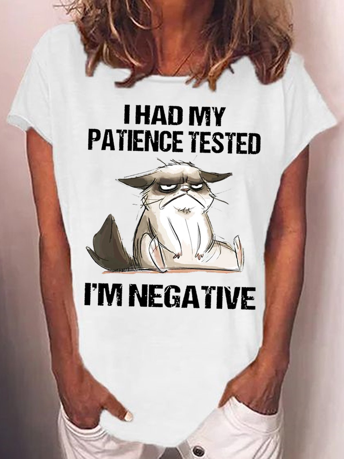 Women's I Had My Patience Tested I'm Negative Cat Funny Sarcasm Casual T-shirt