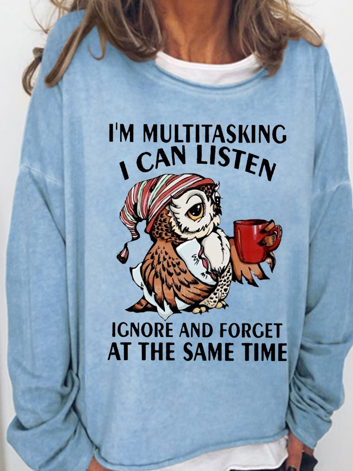 Women's Funny Text Letters Owl I'm Multitasking Crew Neck Casual Sweatshirt