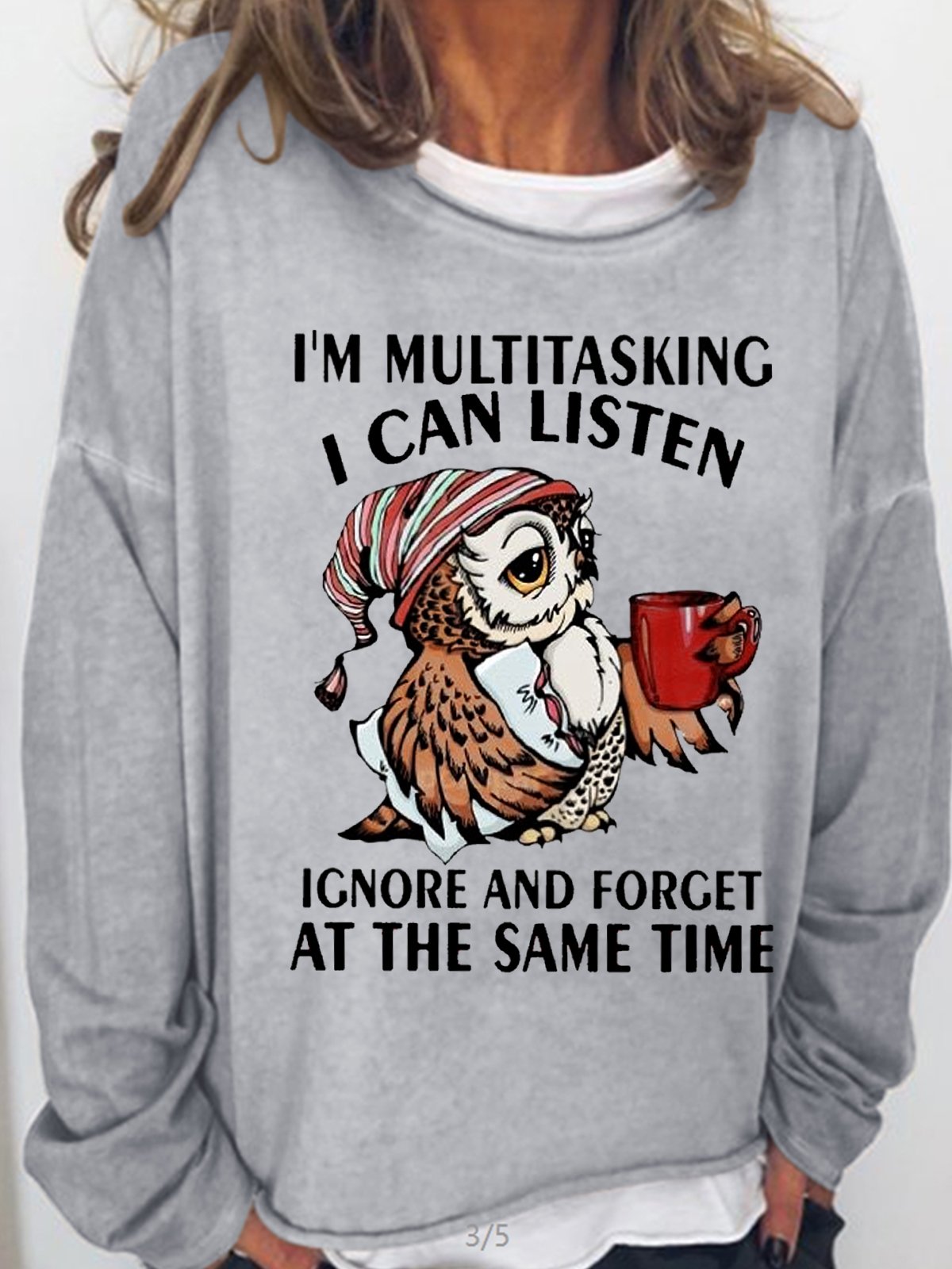 Women's Funny Text Letters Owl I'm Multitasking Crew Neck Casual Sweatshirt
