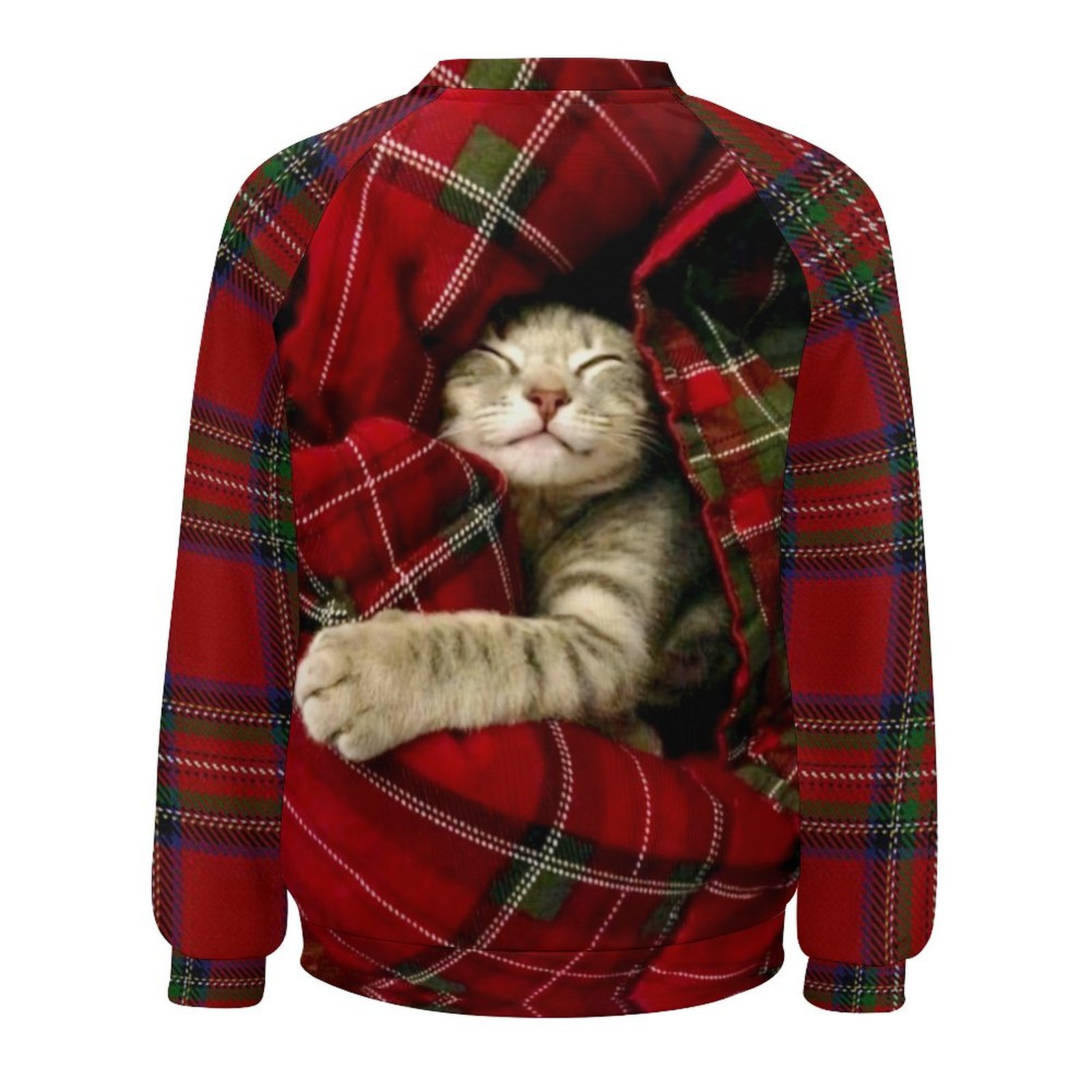 Women's Christmas Cat Crew Neck Plaid Sweatshirt