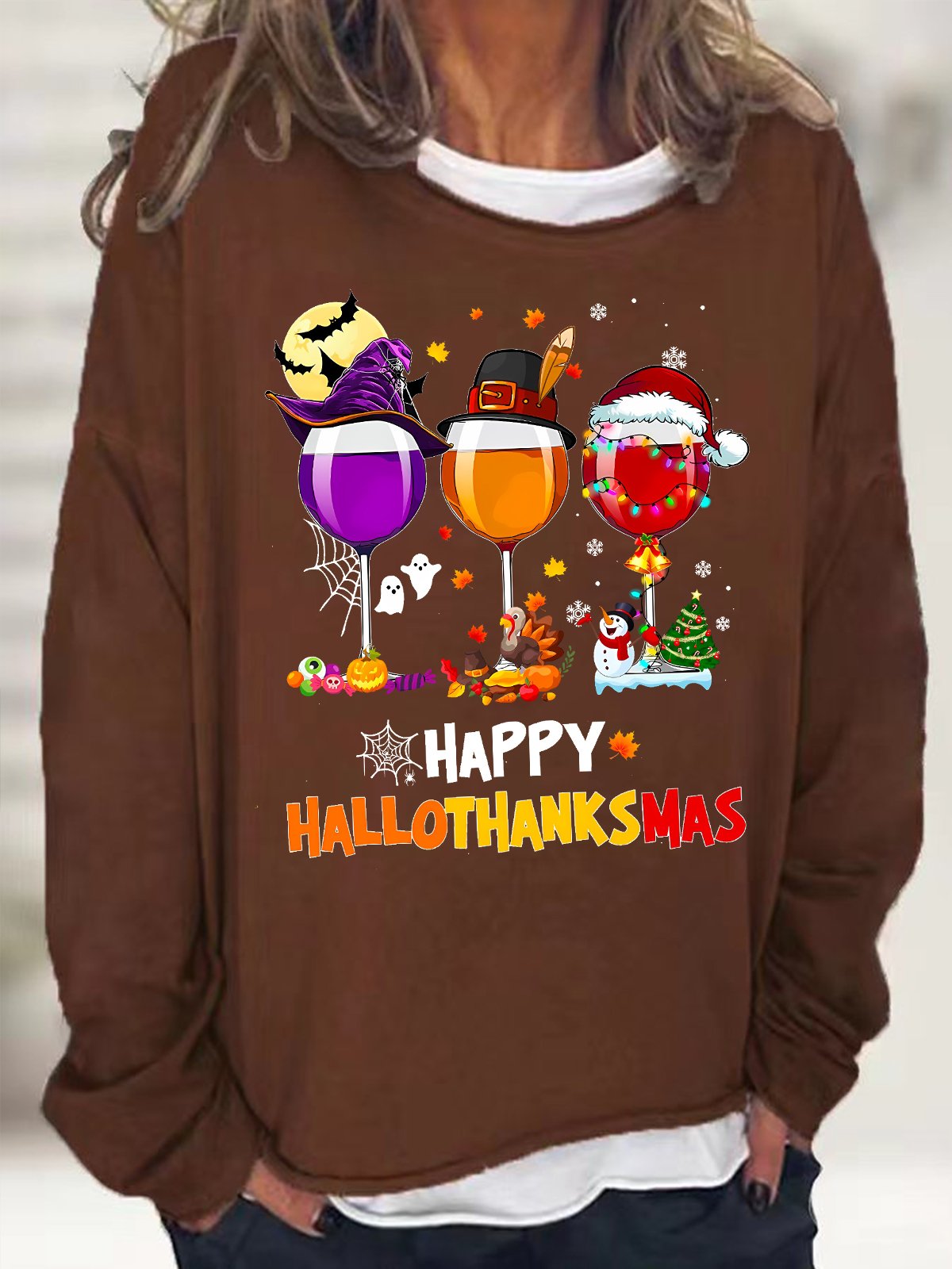 Women's Happy Hallo Thanks Mas Funny Three Red Wine Glasses Christmas Graphic Print Casual Loose Sweatshirt