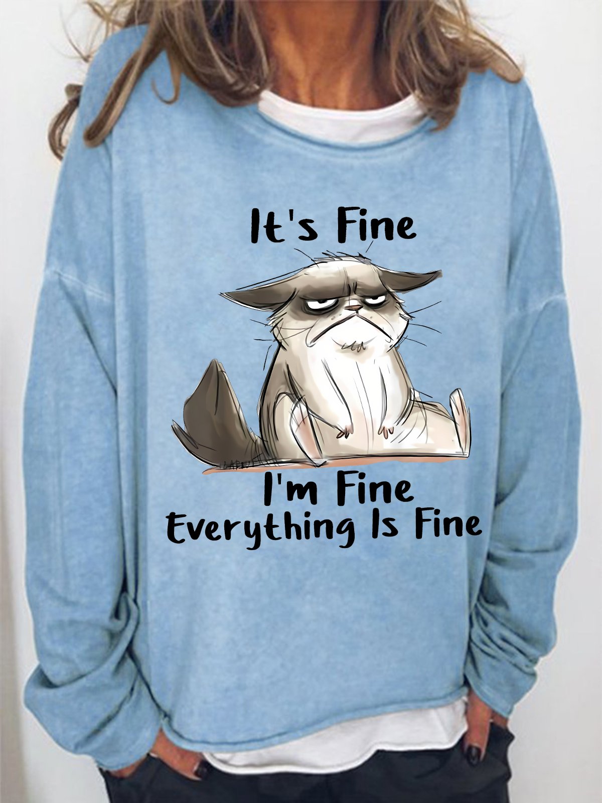 Women's It Is Fine I Am Fine Grumpy Cat Text Letters Graphic Print Casual Sweatshirt