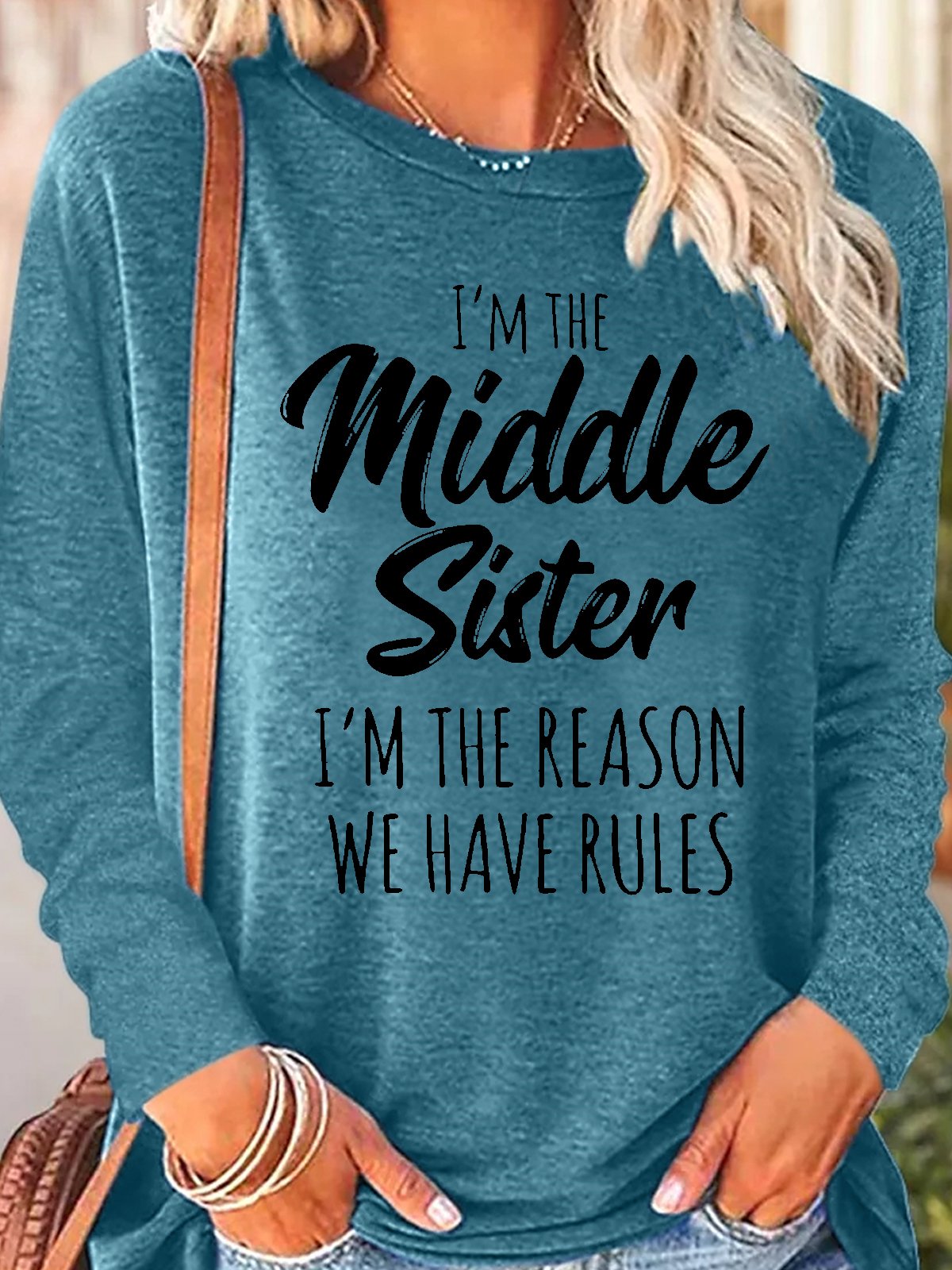 Women's Sister Gift Middle Sister Funny Casual Crew Neck Text Letters Long Sleeve Top