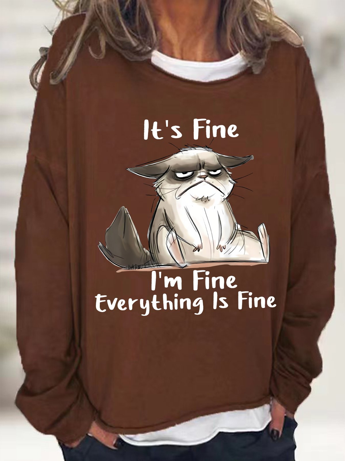 Women's It Is Fine I Am Fine Grumpy Cat Text Letters Graphic Print Casual Sweatshirt