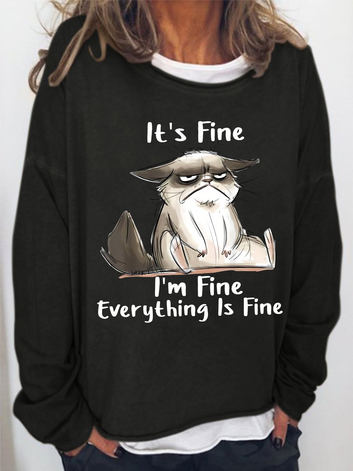 Women's It Is Fine I Am Fine Grumpy Cat Text Letters Graphic Print Casual Sweatshirt