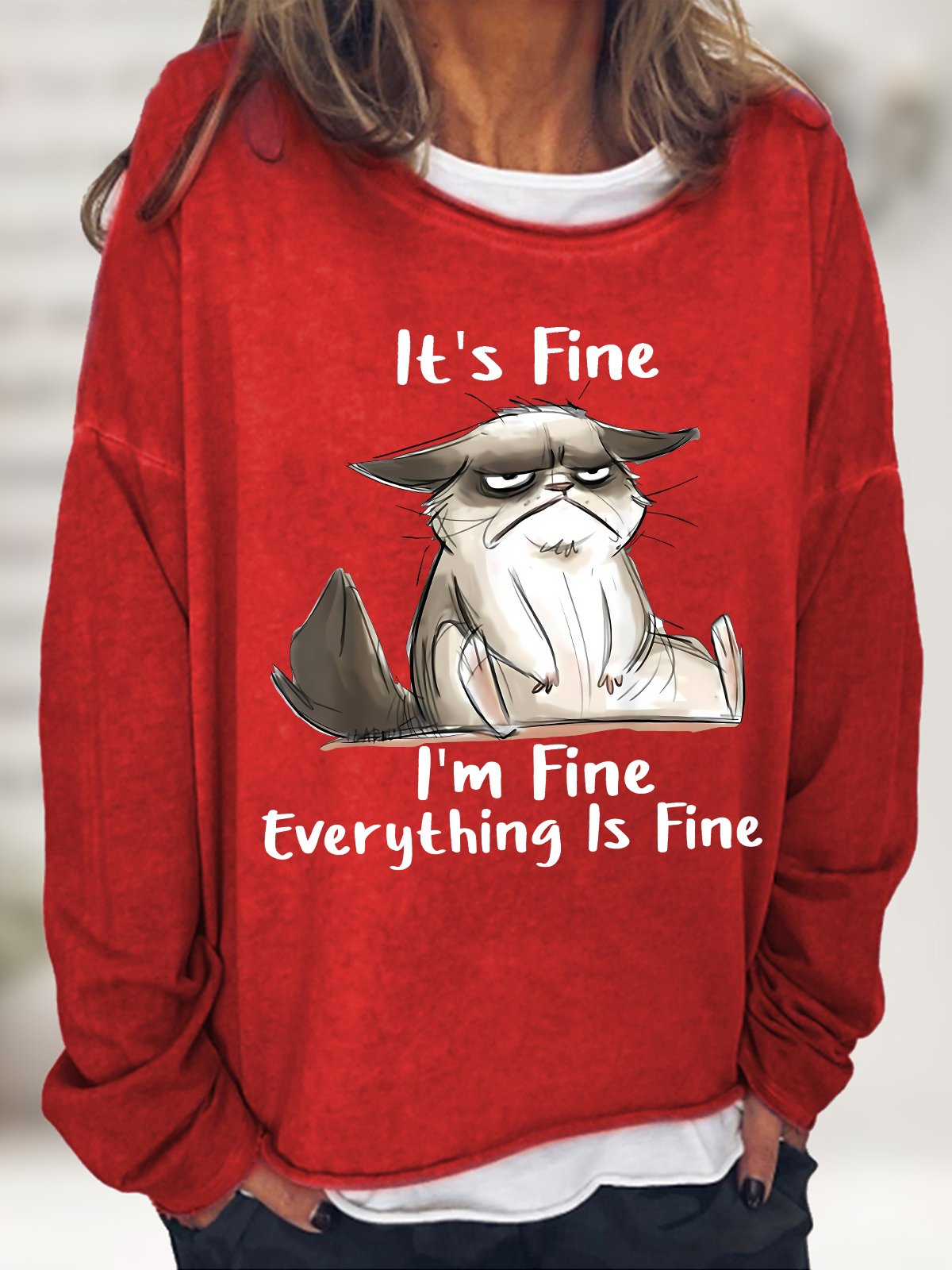 Women's It Is Fine I Am Fine Grumpy Cat Text Letters Graphic Print Casual Sweatshirt