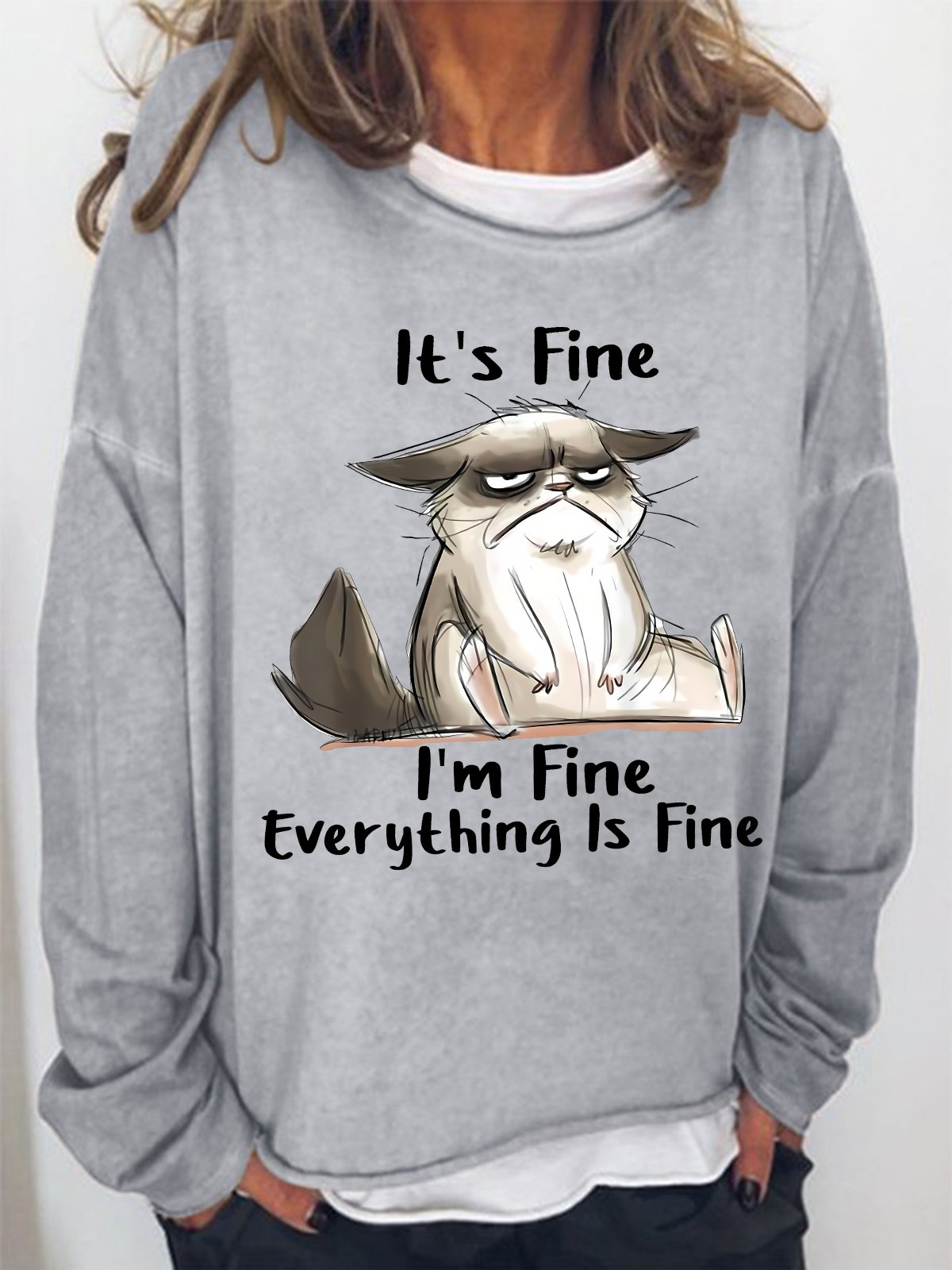 Women's It Is Fine I Am Fine Grumpy Cat Text Letters Graphic Print Casual Sweatshirt