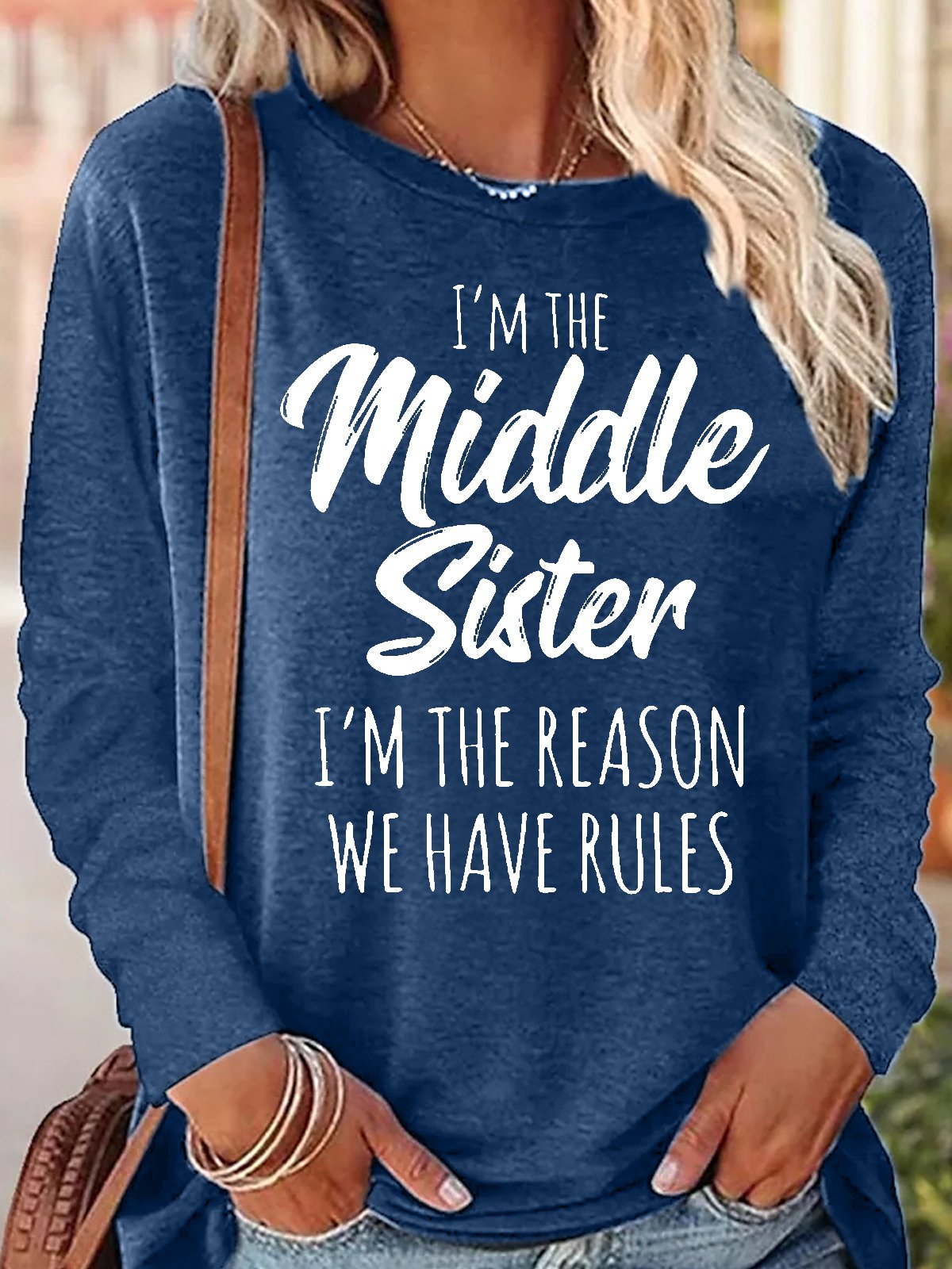 Women's Sister Gift Middle Sister Funny Casual Crew Neck Text Letters Long Sleeve Top