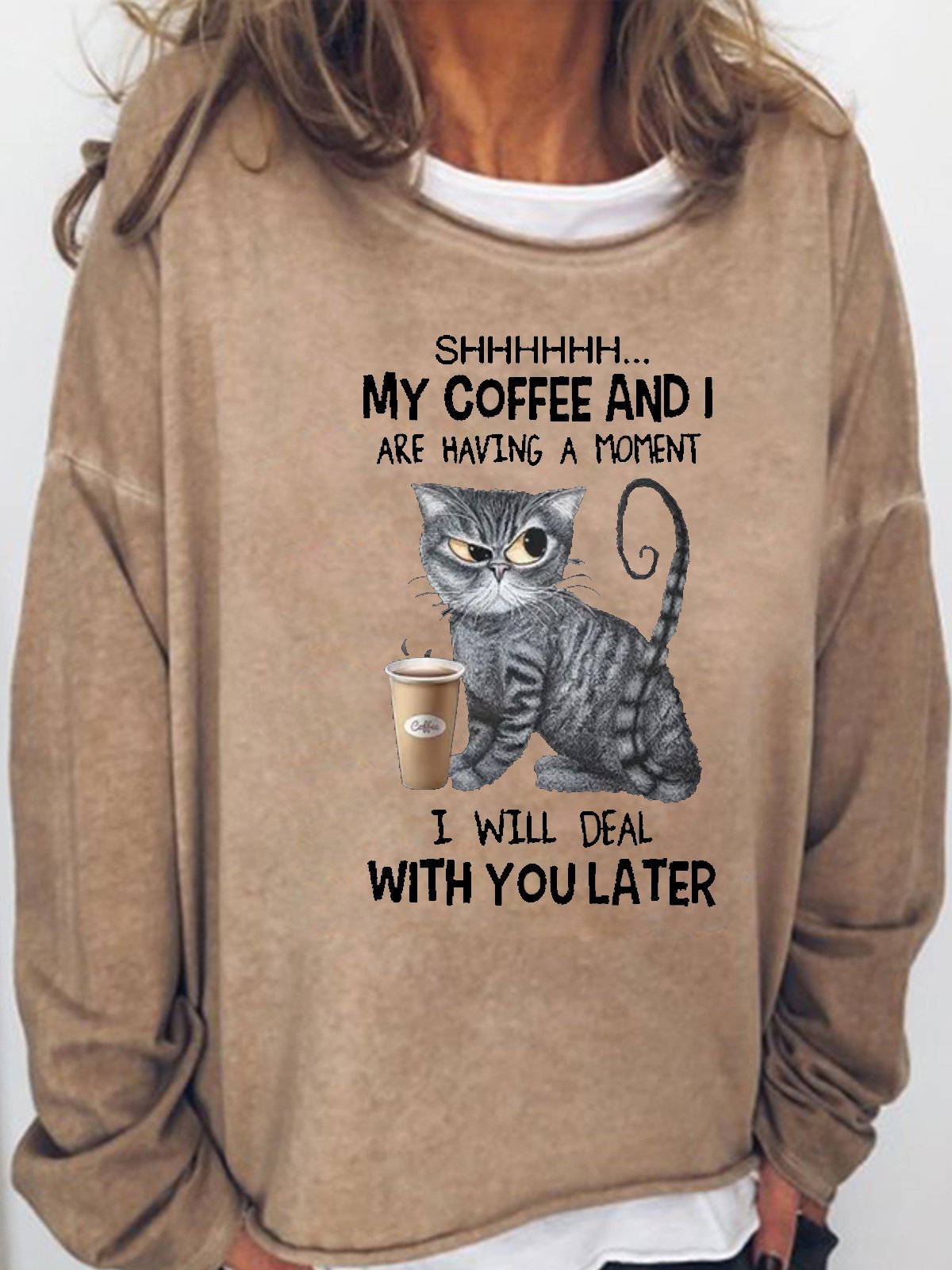 Womens Black Cat Shh My Coffee And I Are Having A Moment funny Casual Sweatshirt