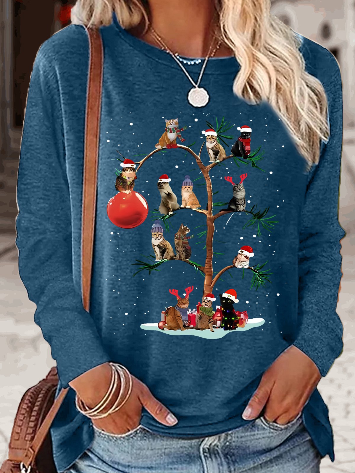 Women's Christmas Cat Tree Crew Neck Casual Top