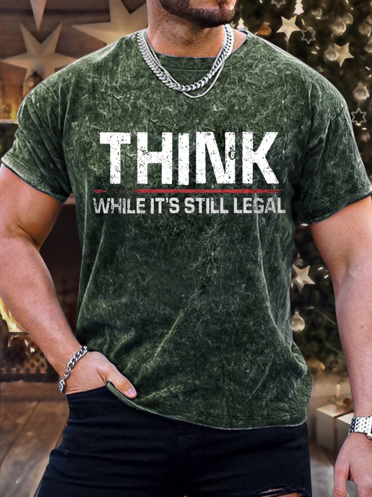 Men's Think While It Is Still Legal Funny Bleach Print Casual Text Letters Crew Neck Loose T-Shirt