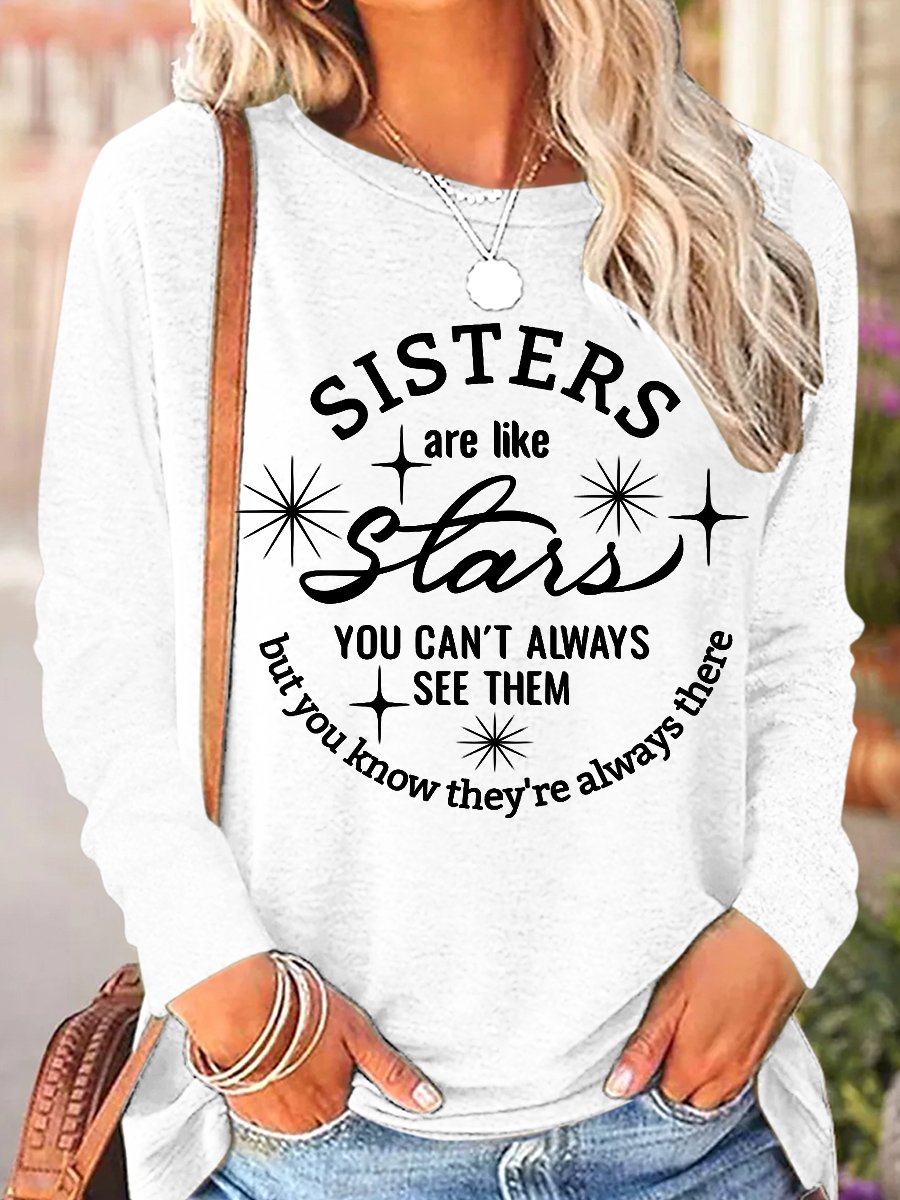 Women's Funny Word Sisters Are Like Stars Regular Fit Cotton-Blend Simple Long Sleeve Top
