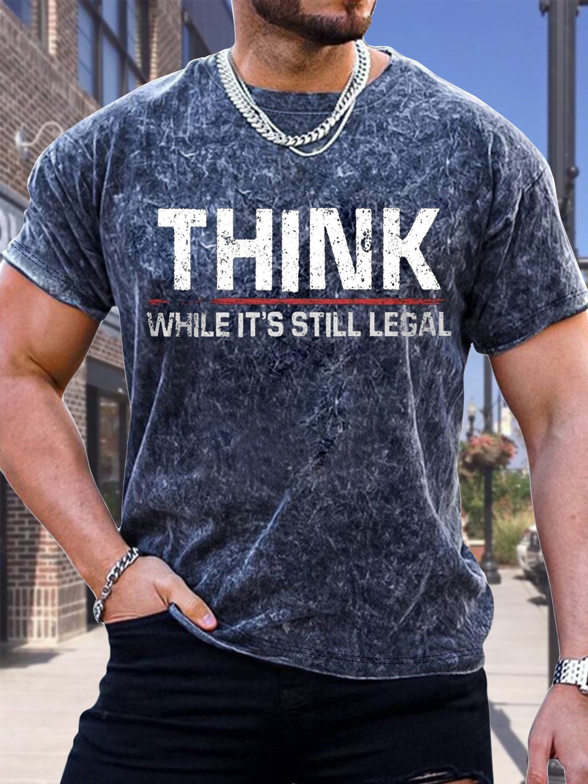 Men's Think While It Is Still Legal Funny Bleach Print Casual Text Letters Crew Neck Loose T-Shirt