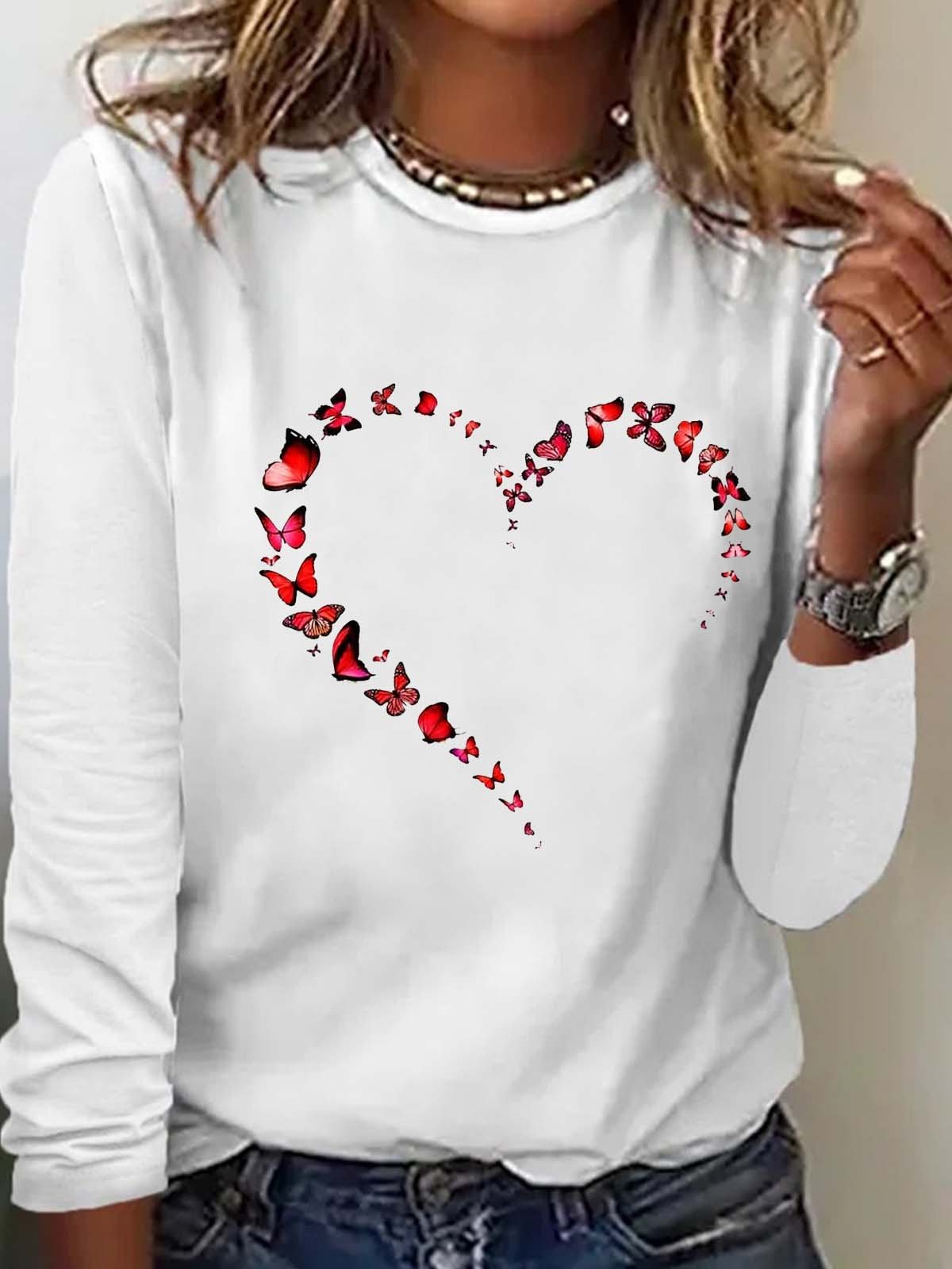 Women's Butterfly Heart Crew Neck Casual Top