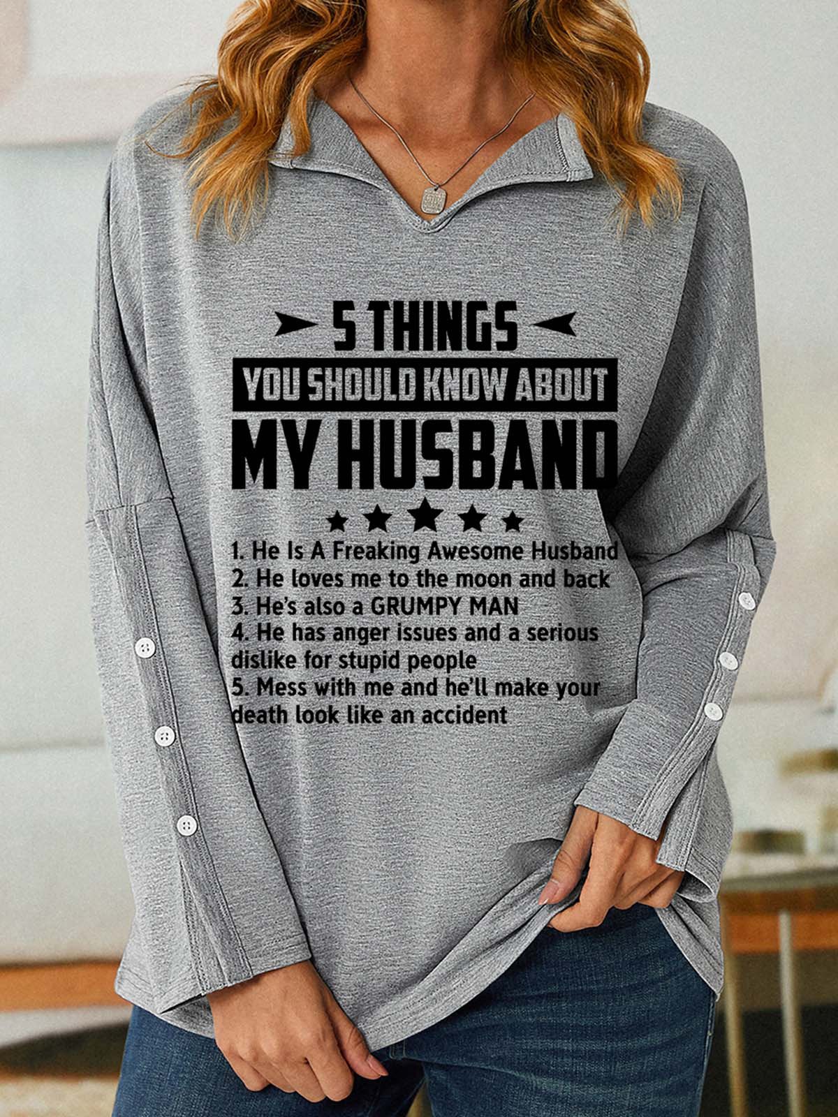 Women Funny 5 Things You Should Know About My Wife V Neck Simple Text Letters Sweatshirt