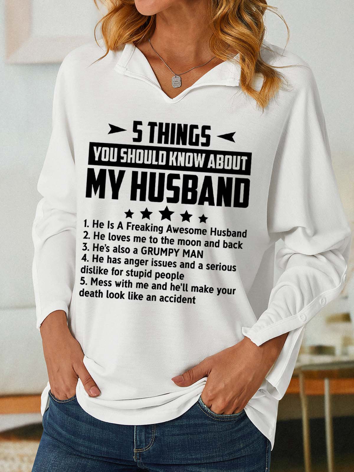 Women Funny 5 Things You Should Know About My Wife V Neck Simple Text Letters Sweatshirt