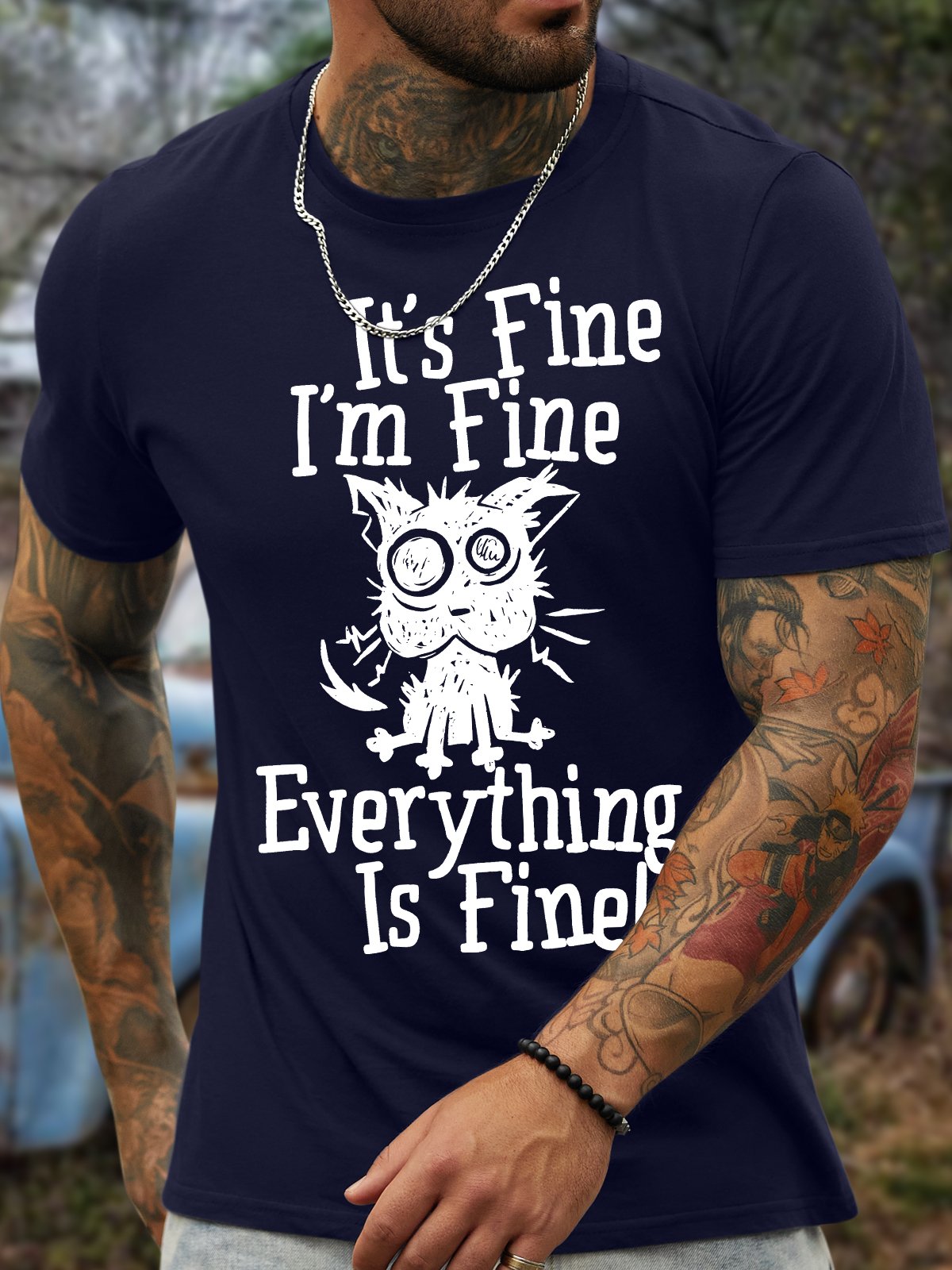 Men's It Is Fine I Am Fine Everything Is Fine Funny Dog Printing Crew Neck Text Letters Casual Cotton T-Shirt