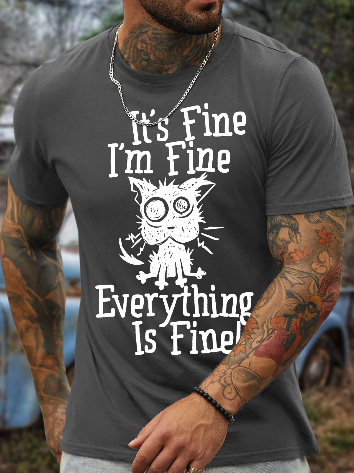 Men's It Is Fine I Am Fine Everything Is Fine Funny Dog Printing Crew Neck Text Letters Casual Cotton T-Shirt