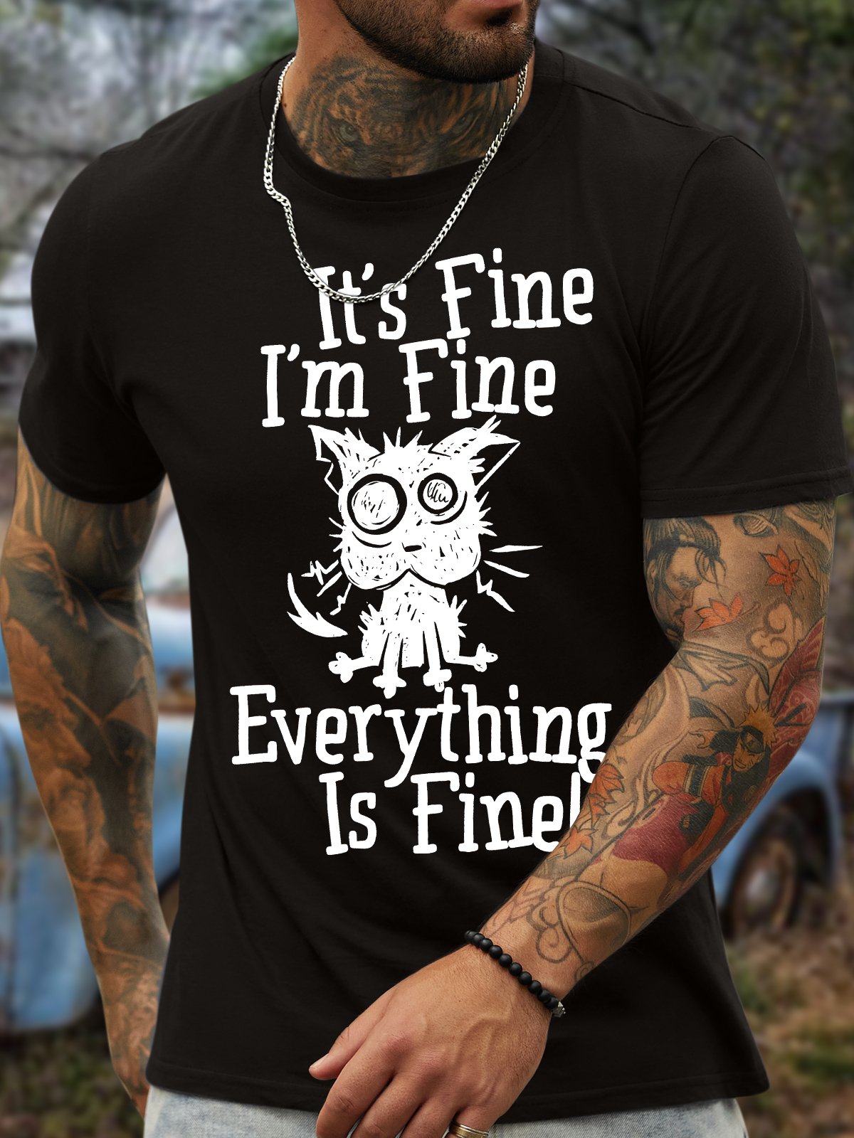Men's It Is Fine I Am Fine Everything Is Fine Funny Dog Printing Crew Neck Text Letters Casual Cotton T-Shirt