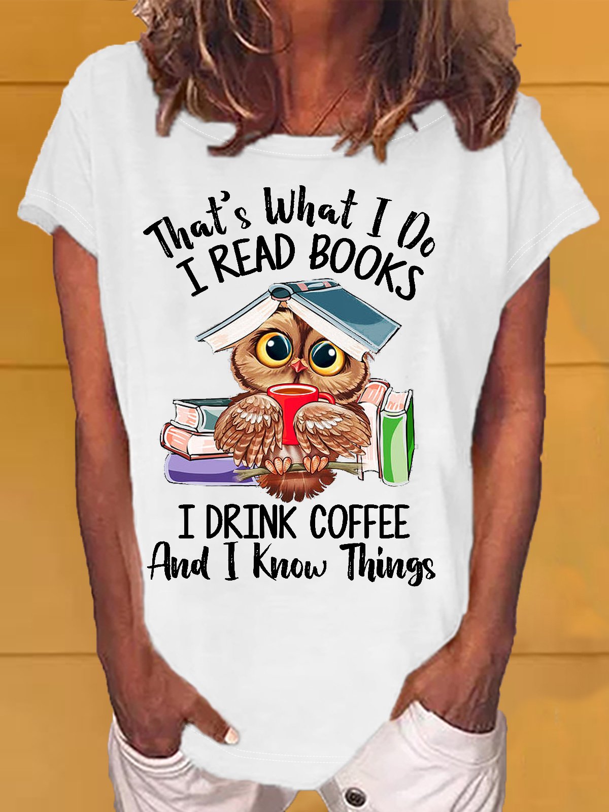 Women's Owl Coffe Book Funny Casual Letters T-Shirt
