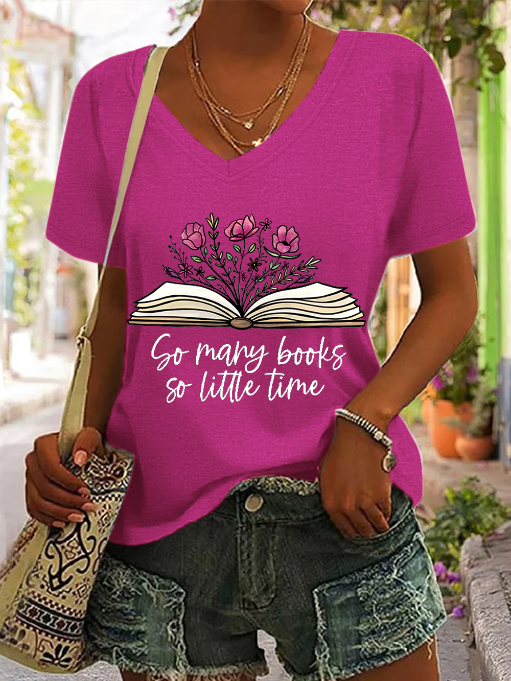 Women's Funny Word So Many Books So Little Time V Neck Casual Loose Cat T-Shirt
