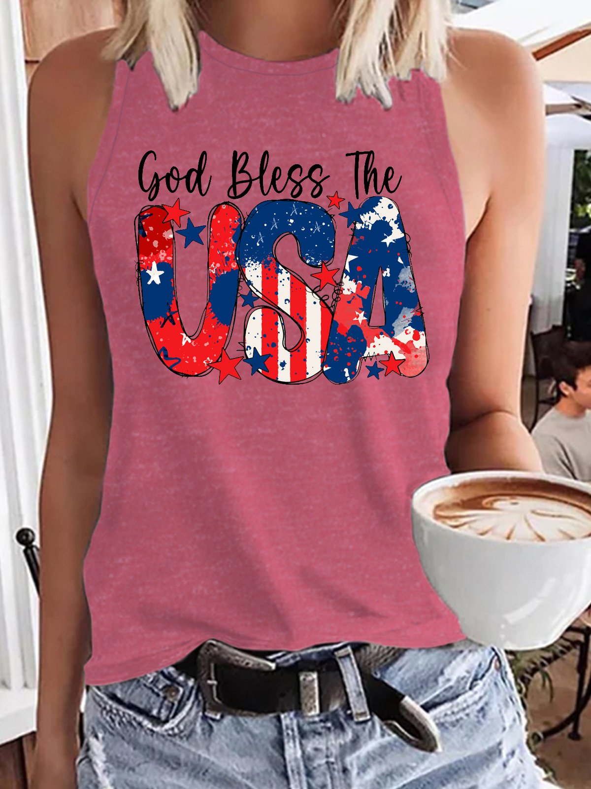 Women's God Bless The USA Letters Casual Tank Top