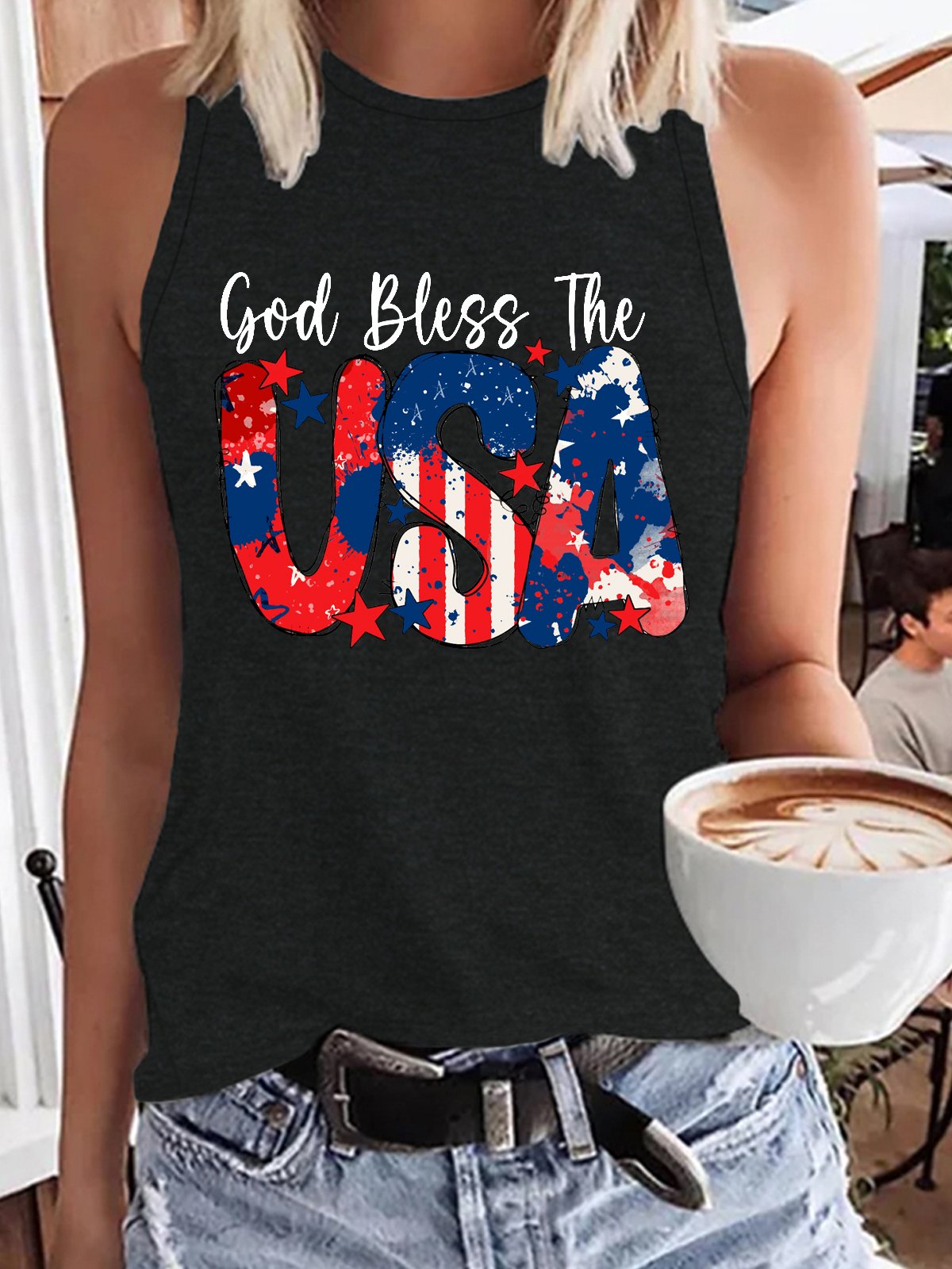 Women's God Bless The USA Letters Casual Tank Top