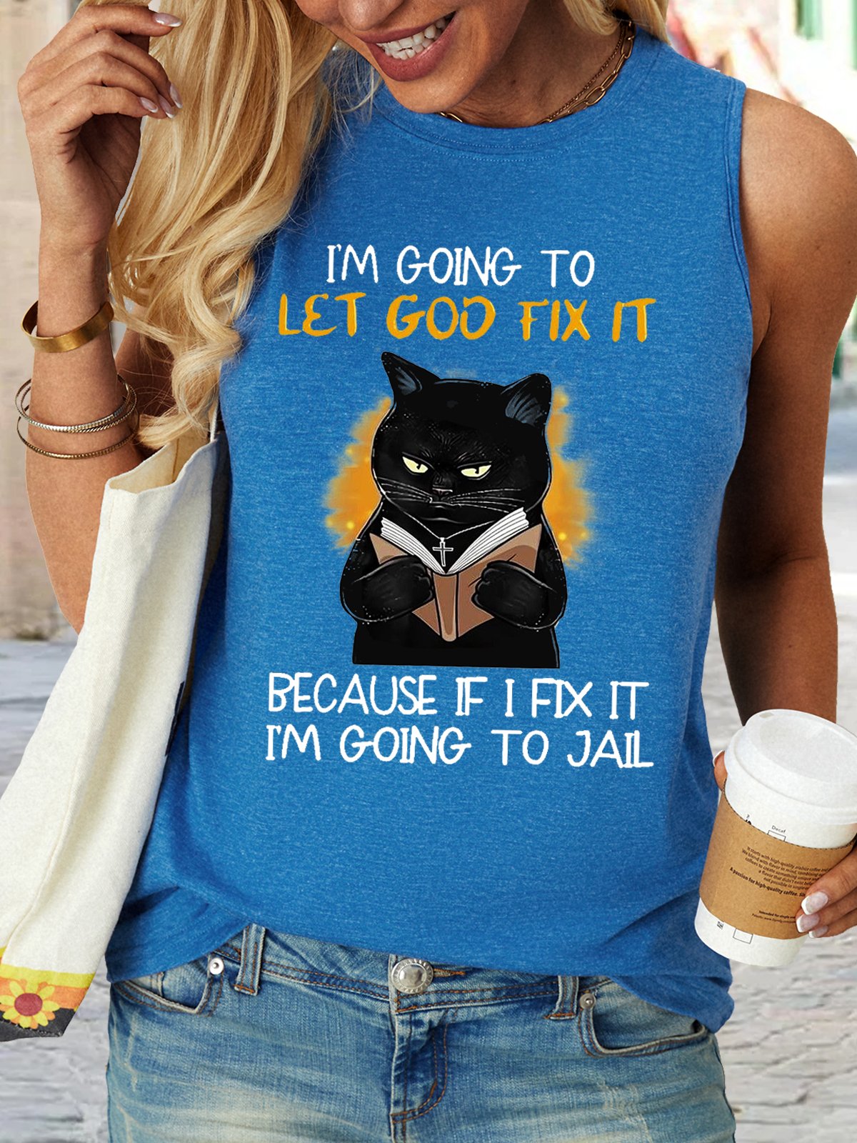 Women's Funny I'm going let god fix it Casual Crew Neck Text Letters Tank Top