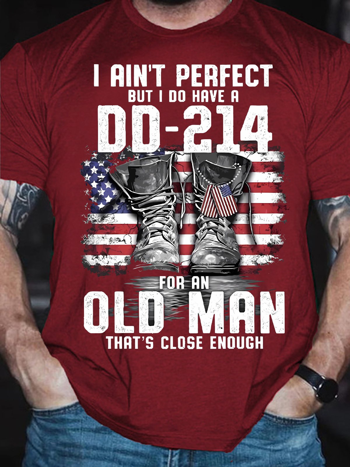 Men's I Ain'T Perfect But I Do Have A Dd-214 For An Old Man That'S Close Enough Funny America Flag Graphic Printing Text Letters Cotton Loose Casual T-Shirt