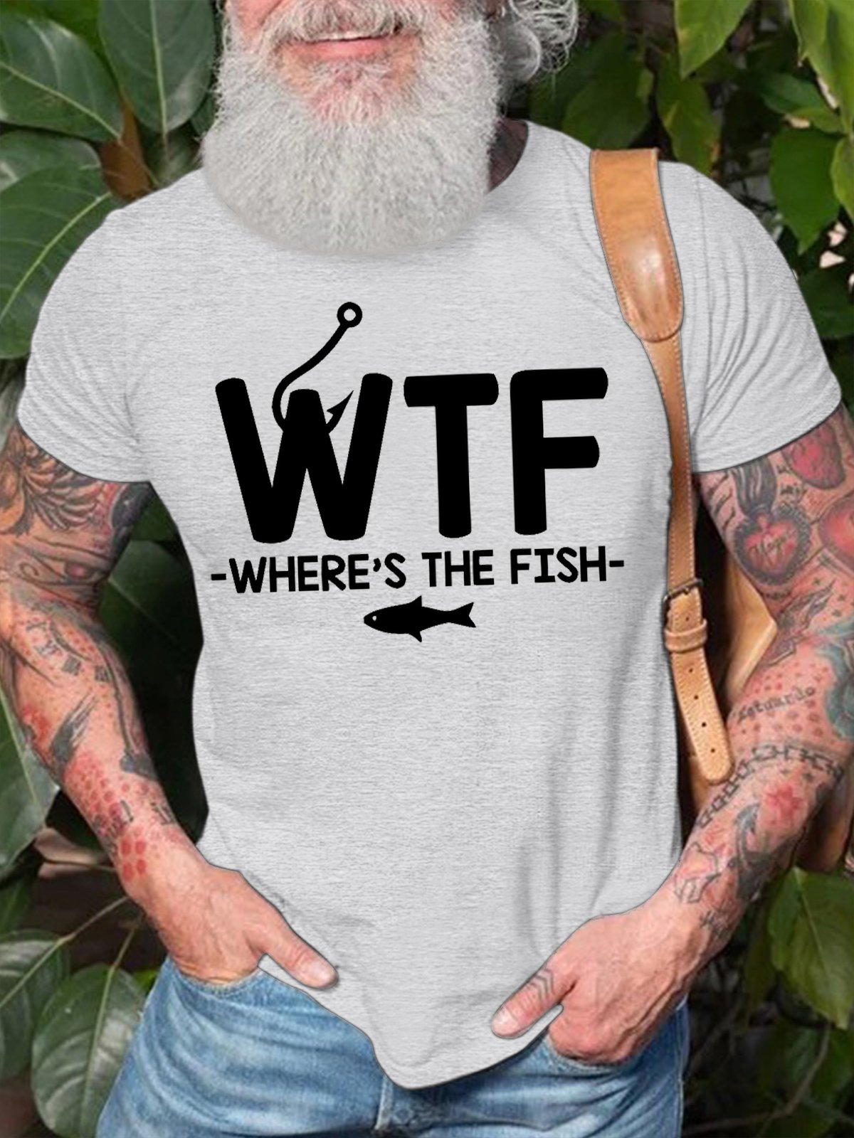 Men's WTF Where's The Fish Funny Graphic Printing Cotton Crew Neck Loose Casual T-Shirt