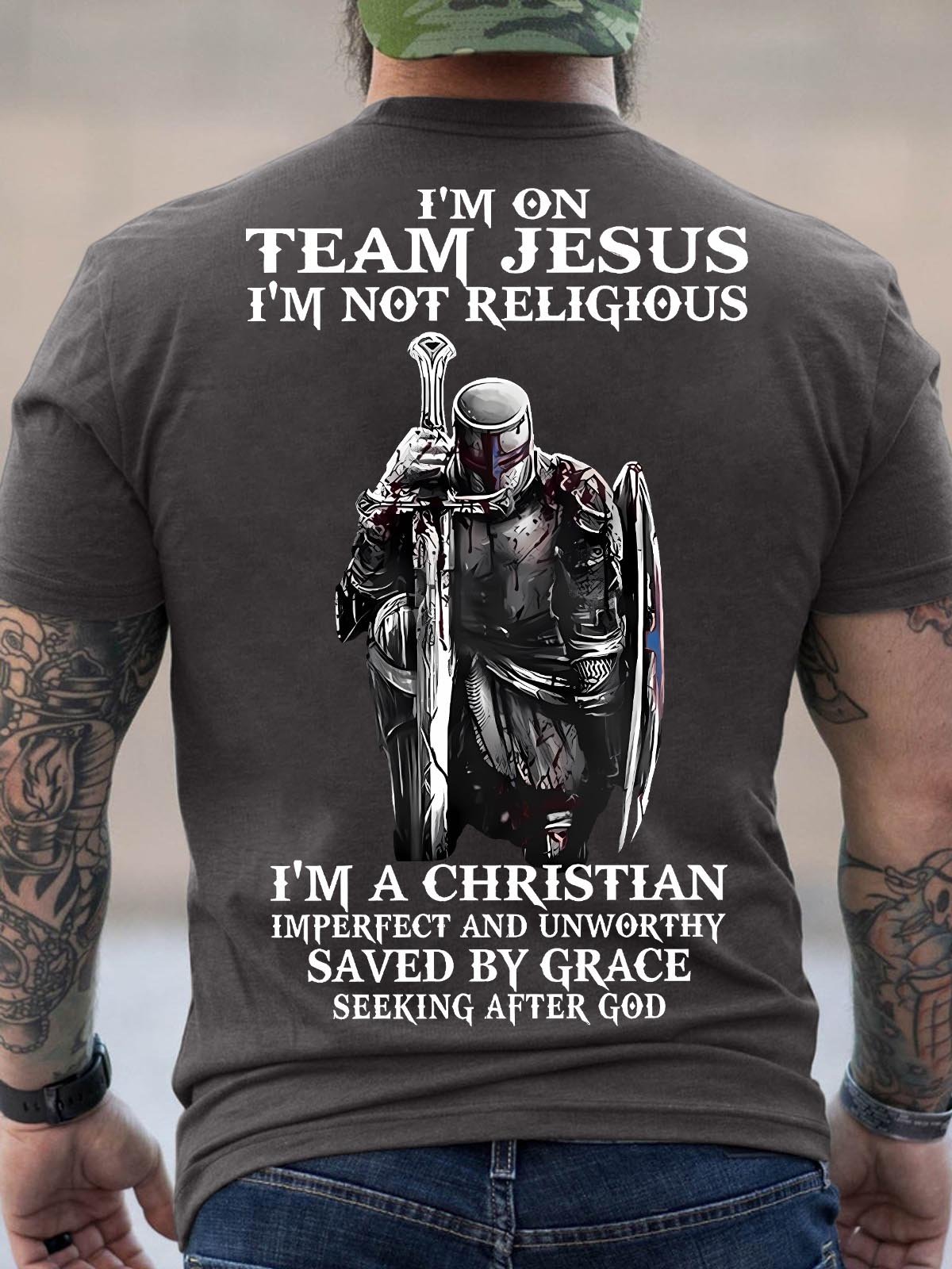 Men's I Am Not Team Jesus I Am Not Religious I Am A Christian Imperfect And Unworthy Saved By Grace Seeking After God Funny Graphic Printing Crew Neck Casual Loose Cotton T-Shirt