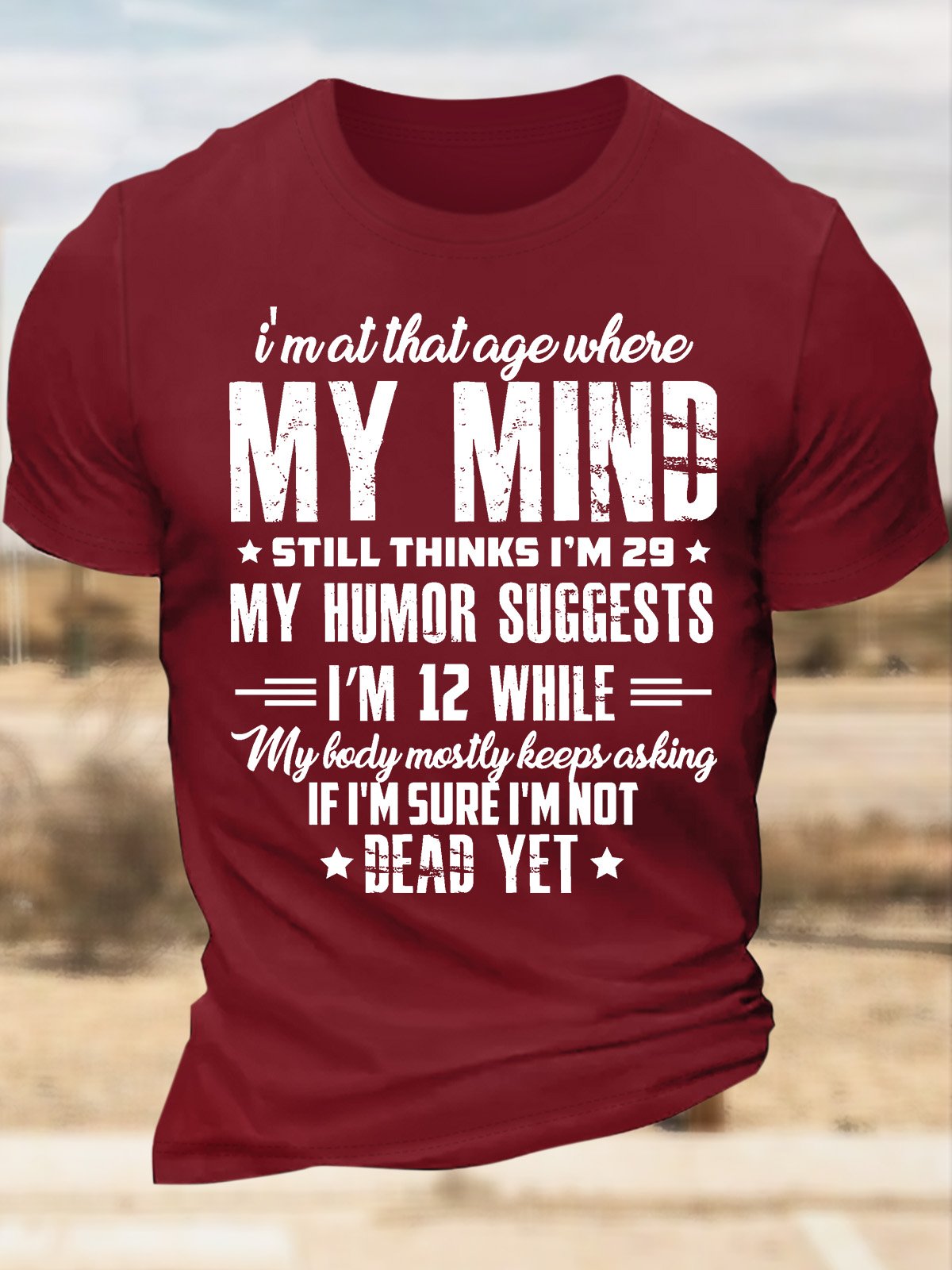 Men’s I’m At That Age Where My Mind Still Thinks I’m 29 My Humor Suggests I’m 12 While My Lady Mostly Keeps Asking Text Letters Casual T-Shirt