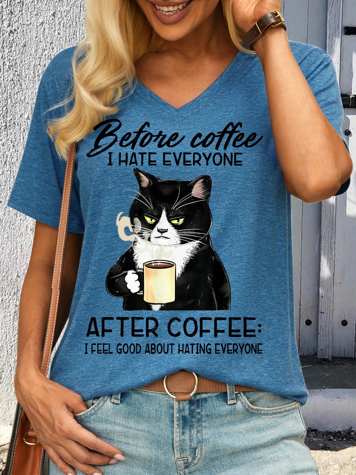 Women's Before Coffee I Hate Everyone After Coffee Black Cat Drink Letters Casual T-Shirt