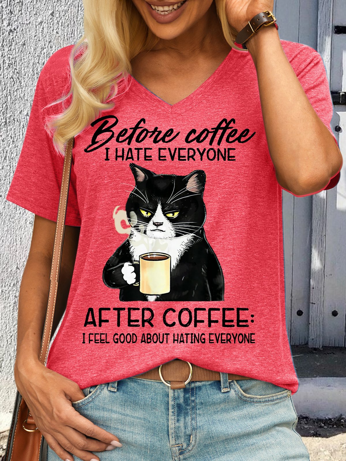 Women's Before Coffee I Hate Everyone After Coffee Black Cat Drink Letters Casual T-Shirt