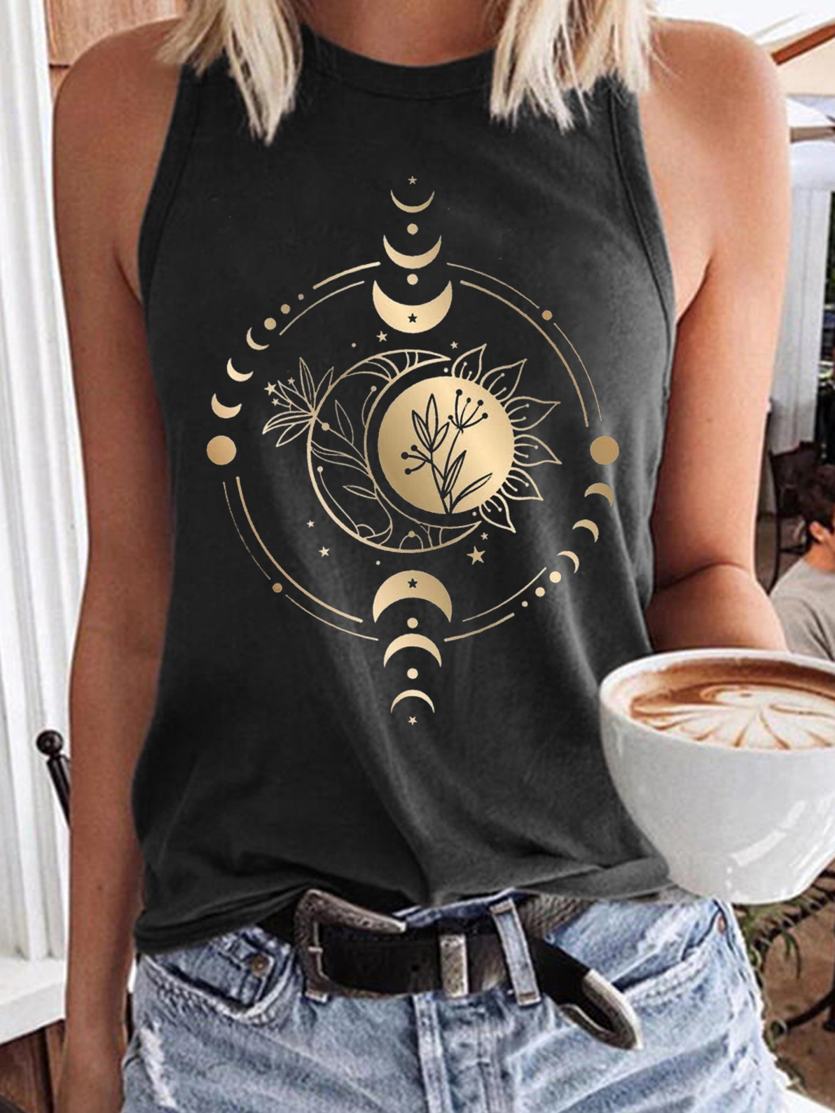 Women's Mystic Moon And Sun Celestial Moon Spiritual Crew Neck Casual Tank Top