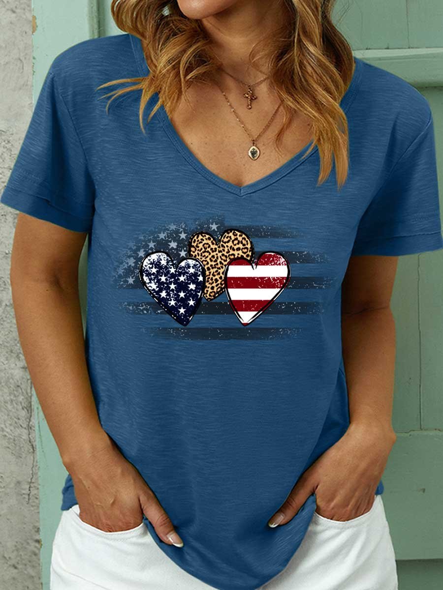 Lilicloth X Y Patriotic Leopard Flag Women’s Cotton Casual V Neck T-Shirt